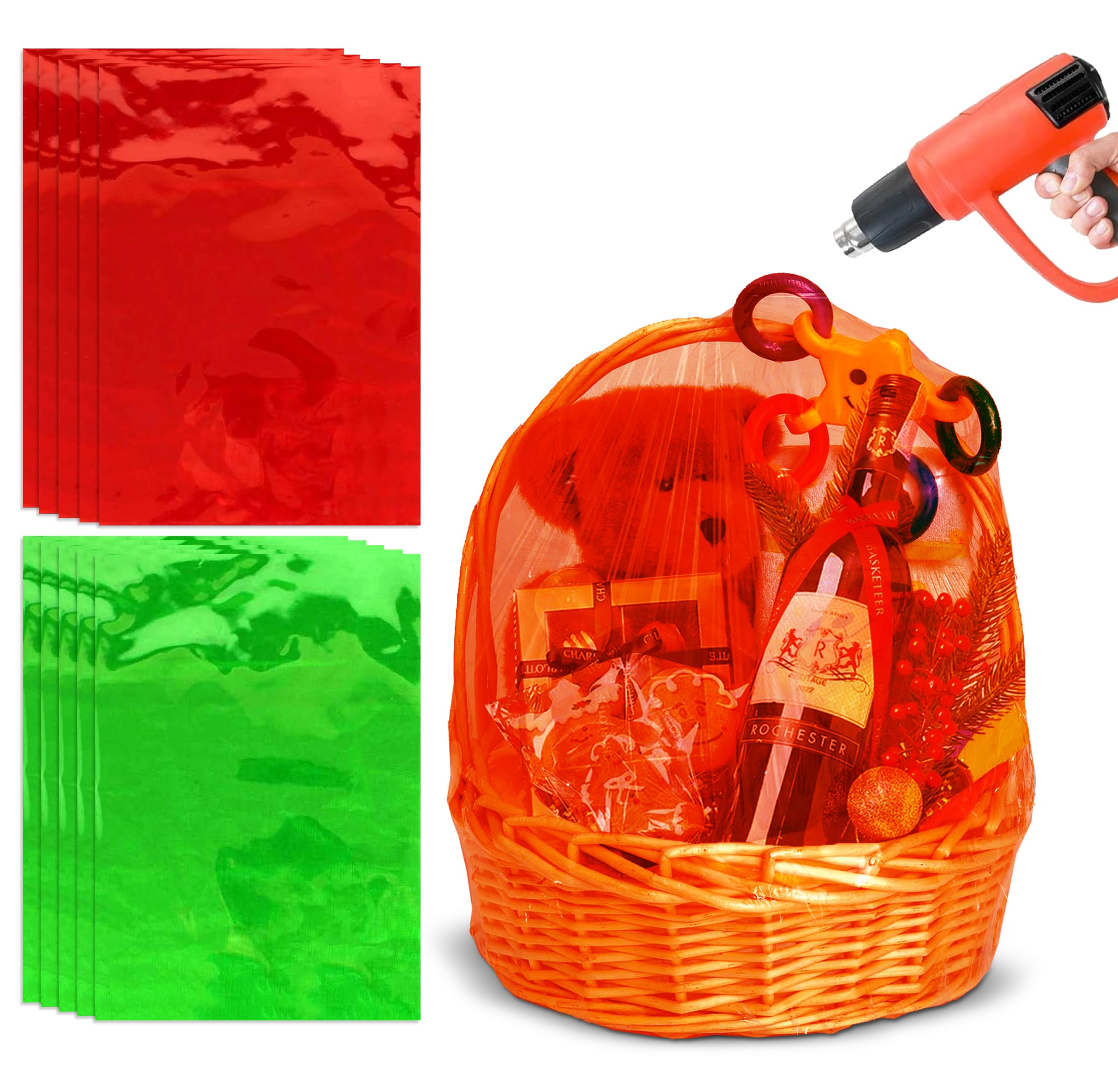Gift Boutique - 20 Pack Christmas Basket Cellophane Shrink Wrap Bags Red & Green Translucent Plastic Cello Bag Extra Large 24" X 30" for Gifts Baskets Wrapping Packaging Arts & Crafts and Treats