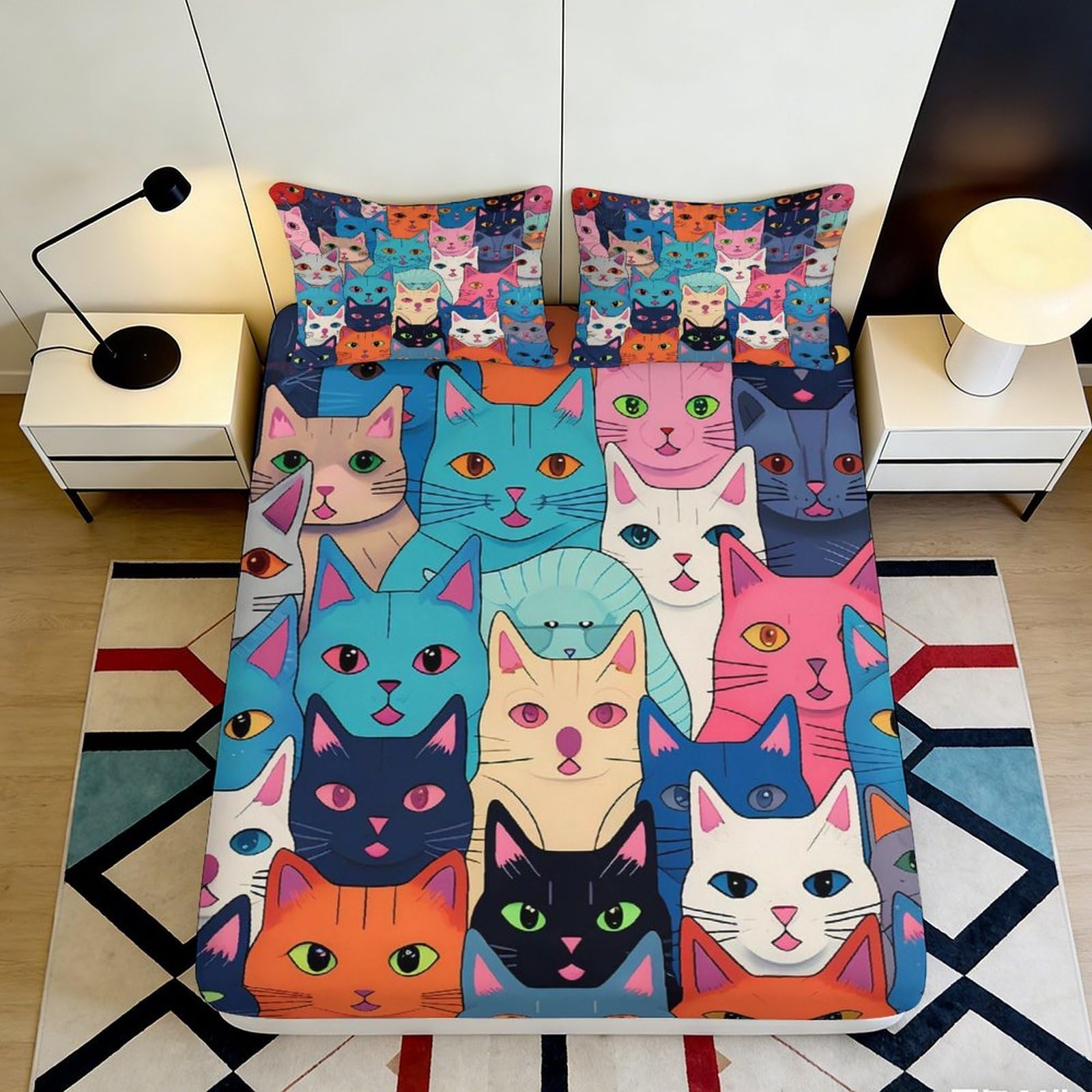 3D Printed Colorful Cat Faces Fitted Sheet Microfiber Soft Anti-Slip Artistic Cat Bed Cover for Bedroom Dorm Decor 90x200x25cm