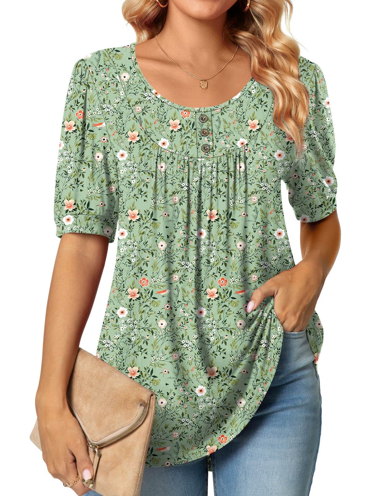 POPYOUNG Women's Tunic Loose Fit Dressy Blouse Ladies Elbow Sleeve Tops Wear with Leggings