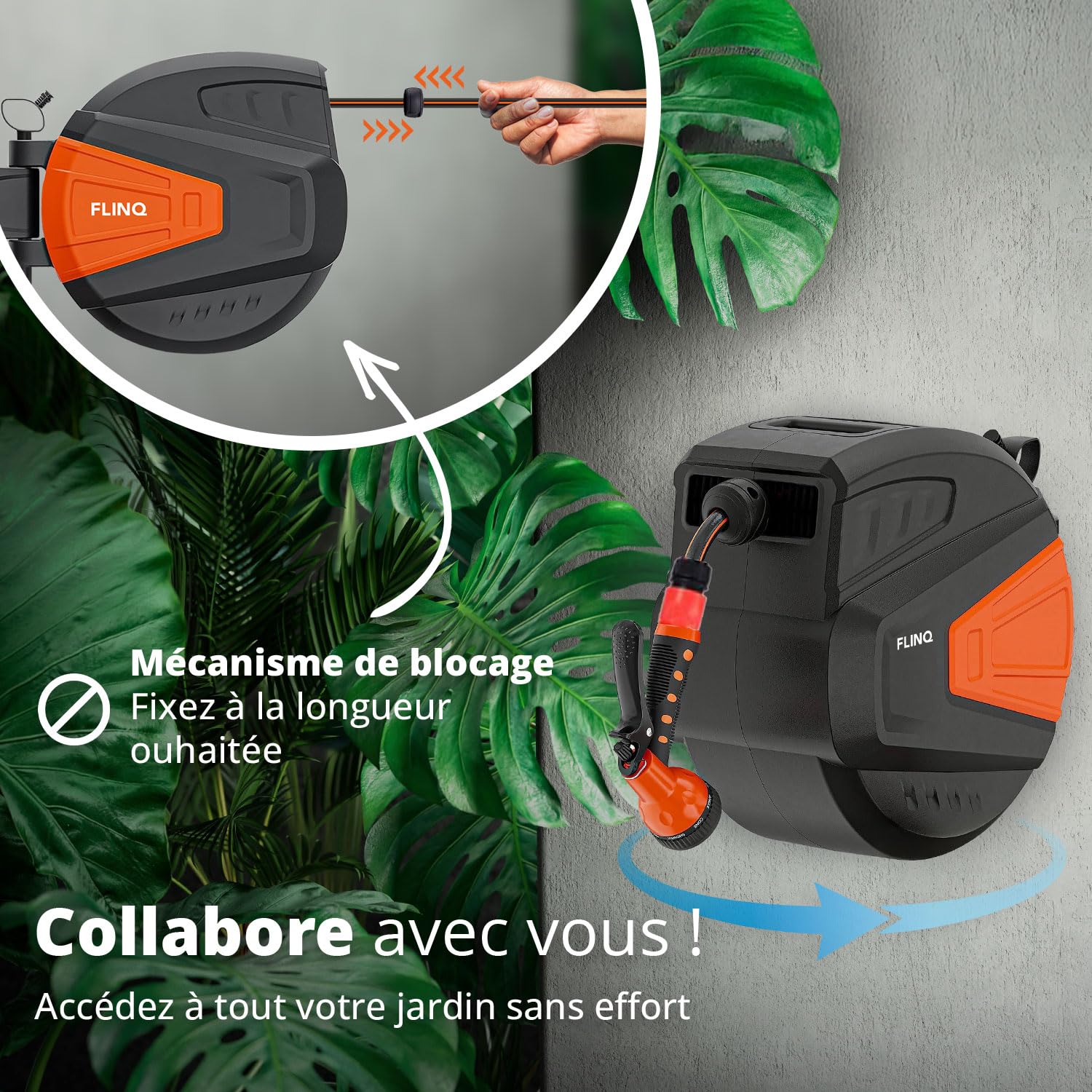 FlinQ Enrouleur Tuyau Arrosage Mural 20m – Dévidoir Automatique 180° Pivotant – Devidoir avec Tête d'Arrosage 9 Fonctions – Rangement Mural Facile