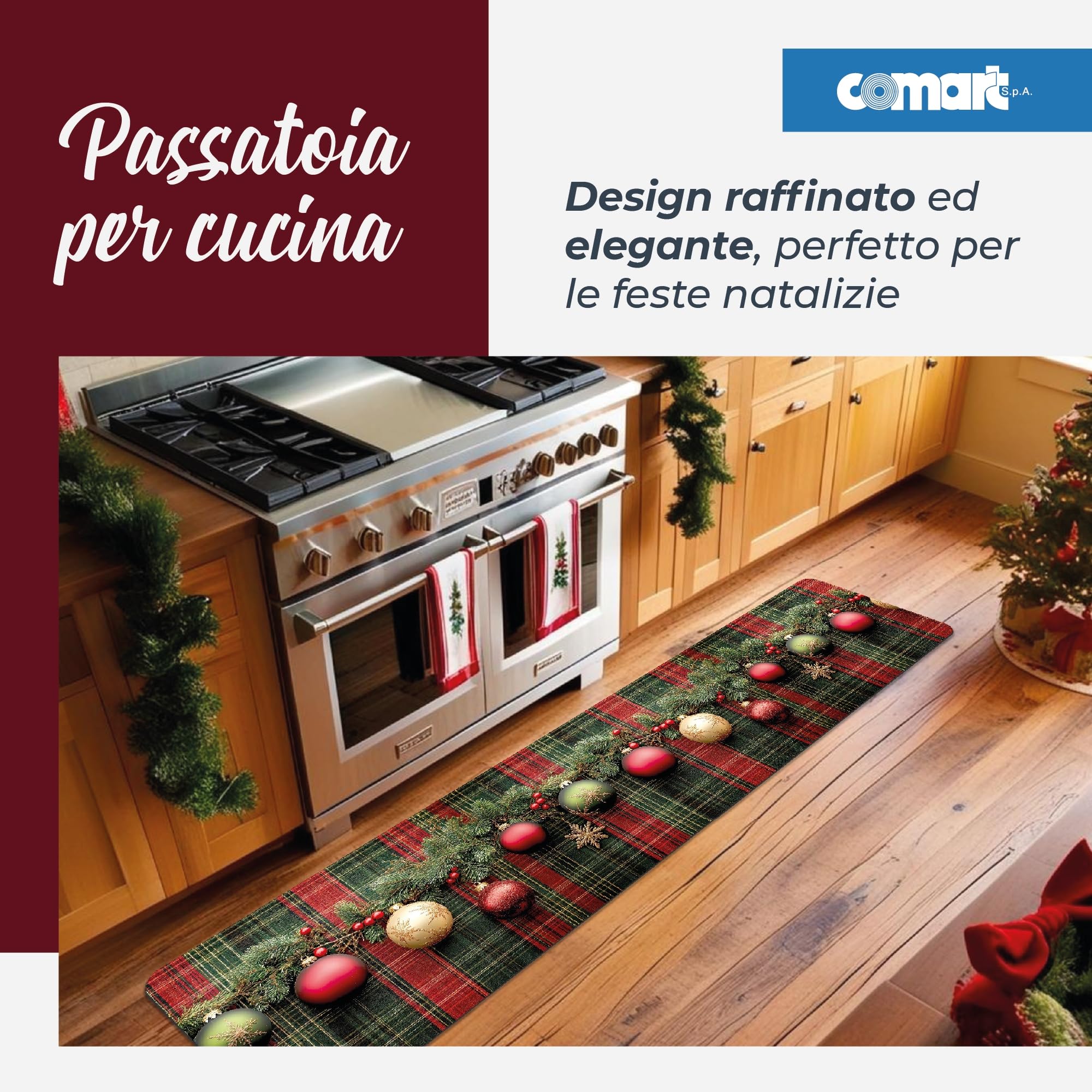 Comart - Tappeto Cucina Austin - Palline Natale 50x230cm - Antiscivolo