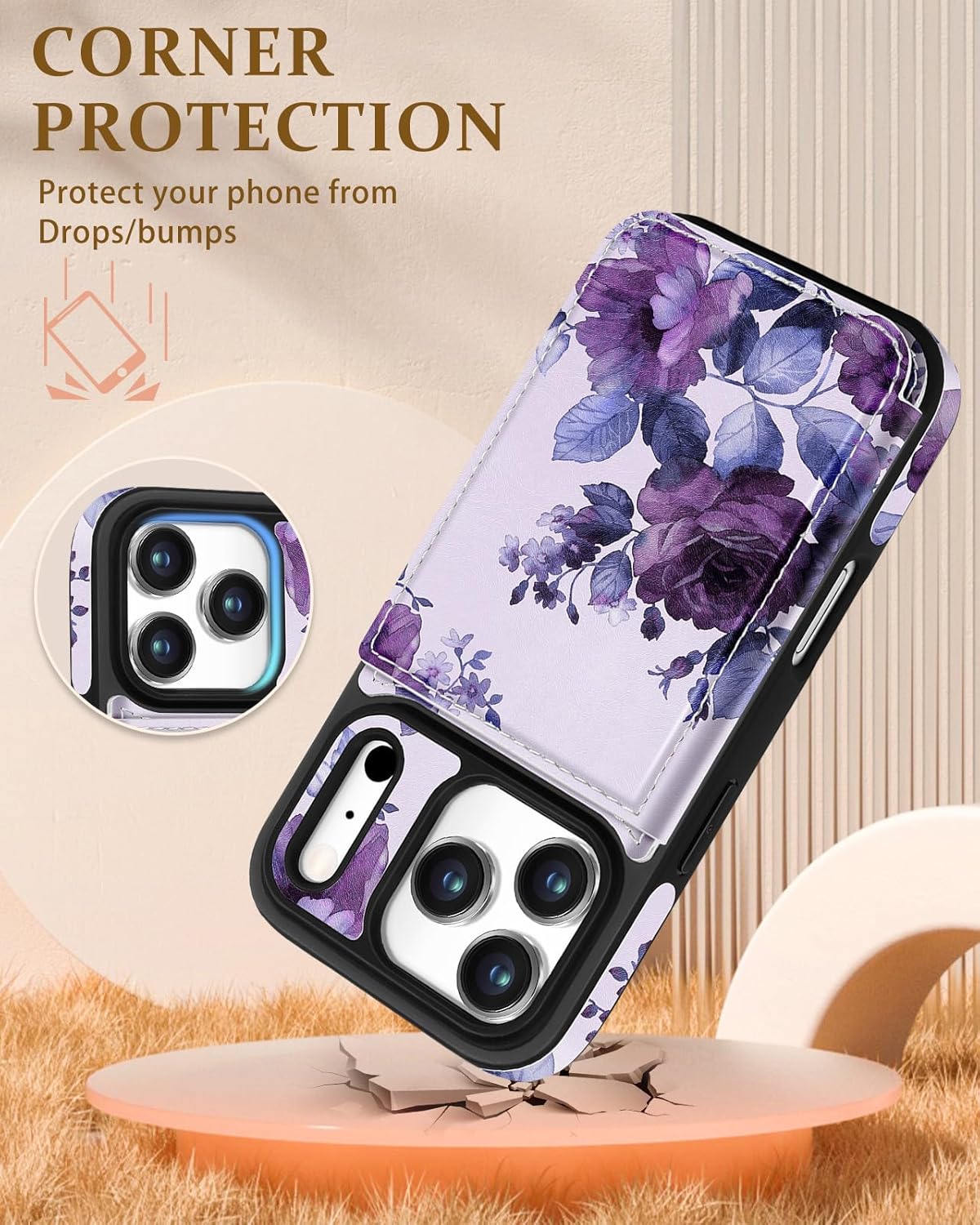 Shorogyt Compatible with iPhone 17 Pro Wallet Case with Card Holder - Cute Purple Flower Design Kickstand for Magnetic Clasp Back Flip Folio Leather Phone Covers for Women Men Girls - Image 4