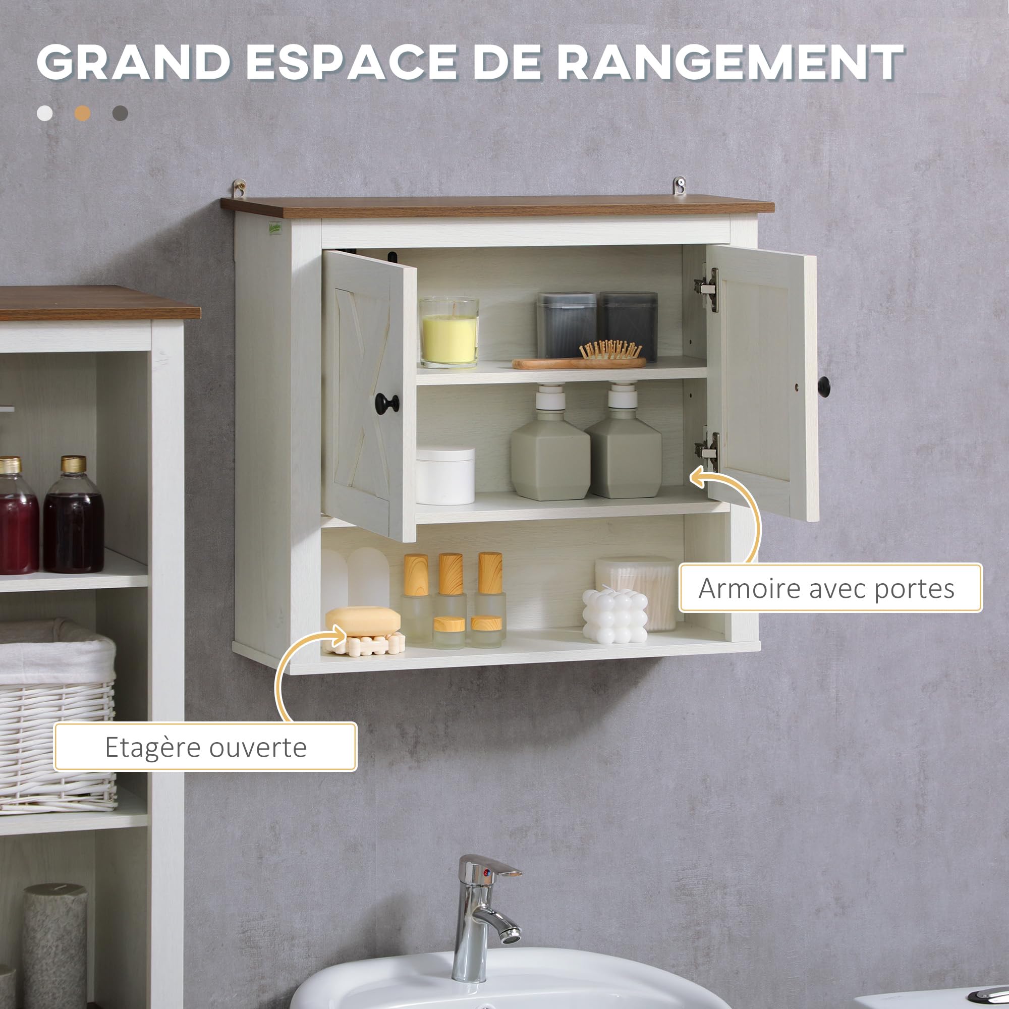 kleankin Armoire Murale, Armoire Salle de Bain, Meuble WC Suspendu avec Placard à portess et Compartiment Ouvert, Meuble Haut Salle de Bain dim. 60 x 19,5 x 52,5 cm, Blanc