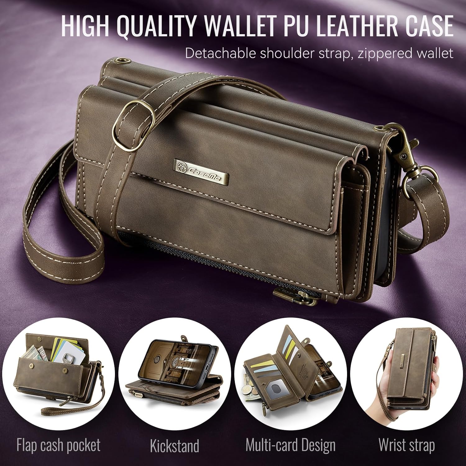 Wallet Case for Samsung Galaxy A55, with Shoulder and Wrist Straps Matte Leather Viewing Stand Case Cover