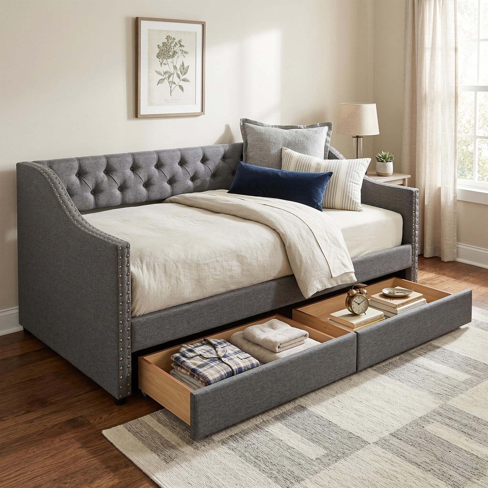 Photo 1 of ***PARTIAL SET - PRICE ADJUSTED*** Christopher Knight Home Twin XL Daybed Frame with Two Drawers, Linen Fabric Upholstered Sofa Couch, 85’‘ Living Room Sleeper Sofa, Cozy Daybed for Bedroom, Diamond-Tufted Design, Rivet Armrests, Gray