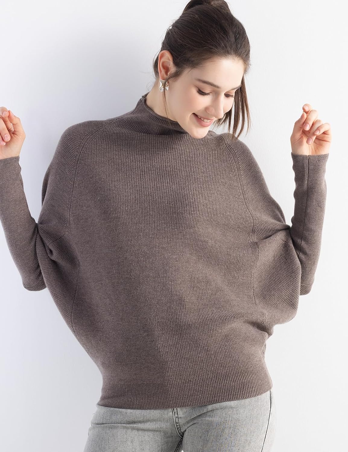 Women's Merino Wool Blend Oversized Sweater 2025 Fall Winter Fashion Mock Neck Batwing Sleeve Knitted Pullover - Image 3