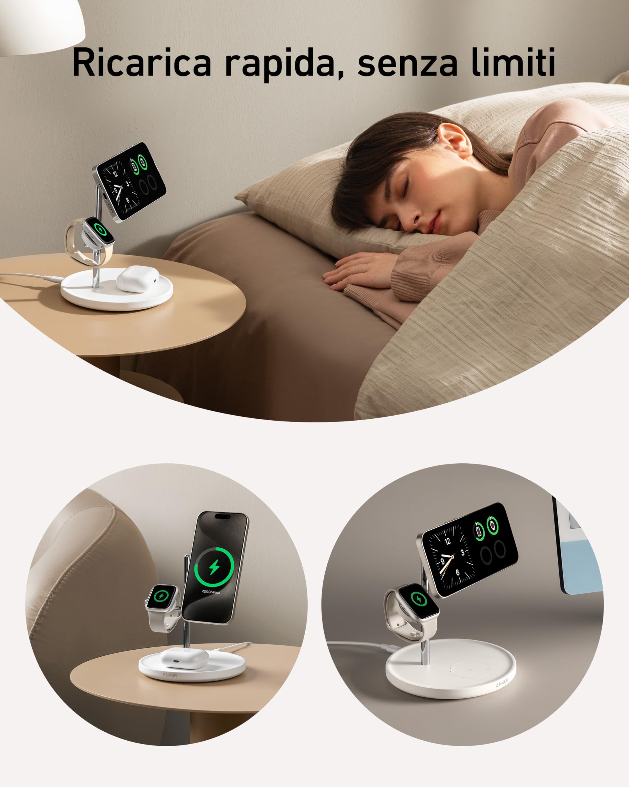 Anker Stazione di Ricarica Wireless 3 in 1, Certificata Qi2 15W Compatibile con MagSafe, Supporto per Serie iPhone 15, AirPods PRO, Apple Watch Ultra (Caricatore USB-C e Cavo Inclusi)
