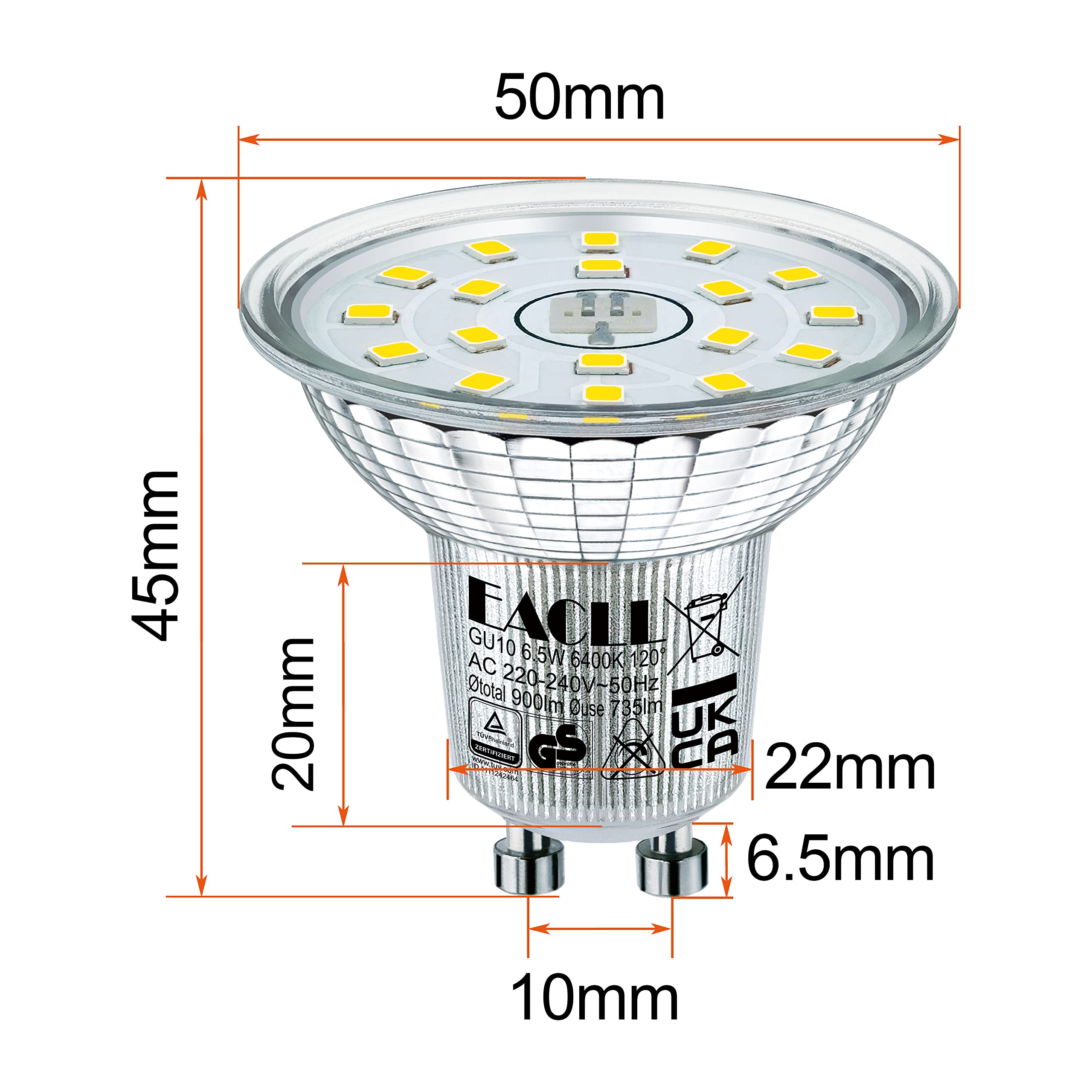 EACLL Żarówki LED GU10, zimna biel, 6,5 W, zastępuje żarówki halogenowe 100 W, 4 sztuki, 735 lumenów 6400 K, AC 230 V, bez migotania, kąt wiązki światła punktowego 120°, nieściemnialne krótsze lampy