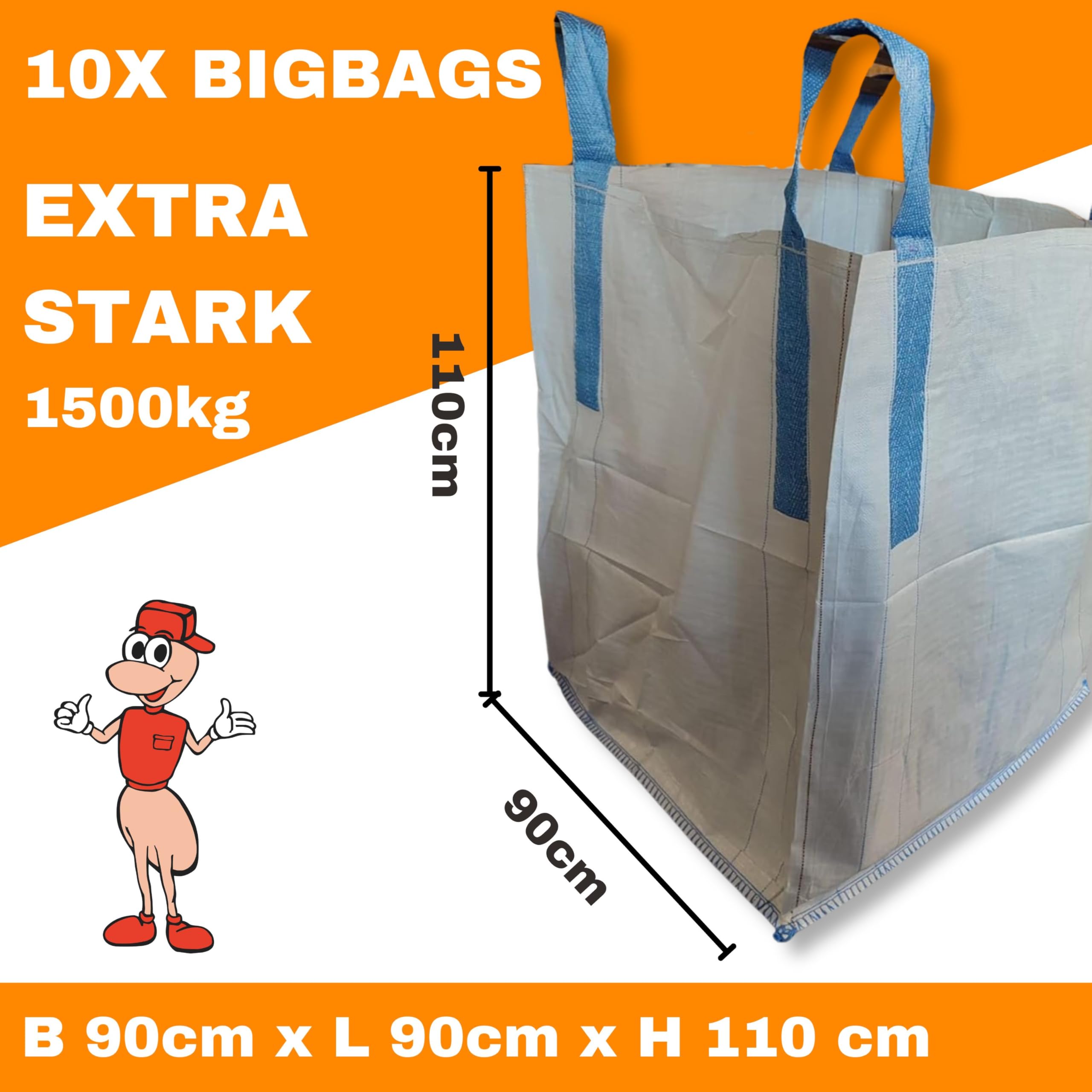 BIG BAG - 10 sztuk – 90 x 90 x 110 cm duża – wysoka stabilność do 1500 kg, BigBag z 4 pętelkami