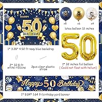 Vista 6 de Decoraciones de cumpleaños 50 color azul marino para cumpleaños n.° 50, decoraciones de telón de fondo de feliz cumpleaños 50 para hombres, pancarta