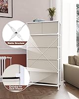 Vista 8 de Crestlive Products Cómoda para dormitorio, torre de almacenamiento alta y delgada, marco de acero resistente, parte superior de madera, cubos