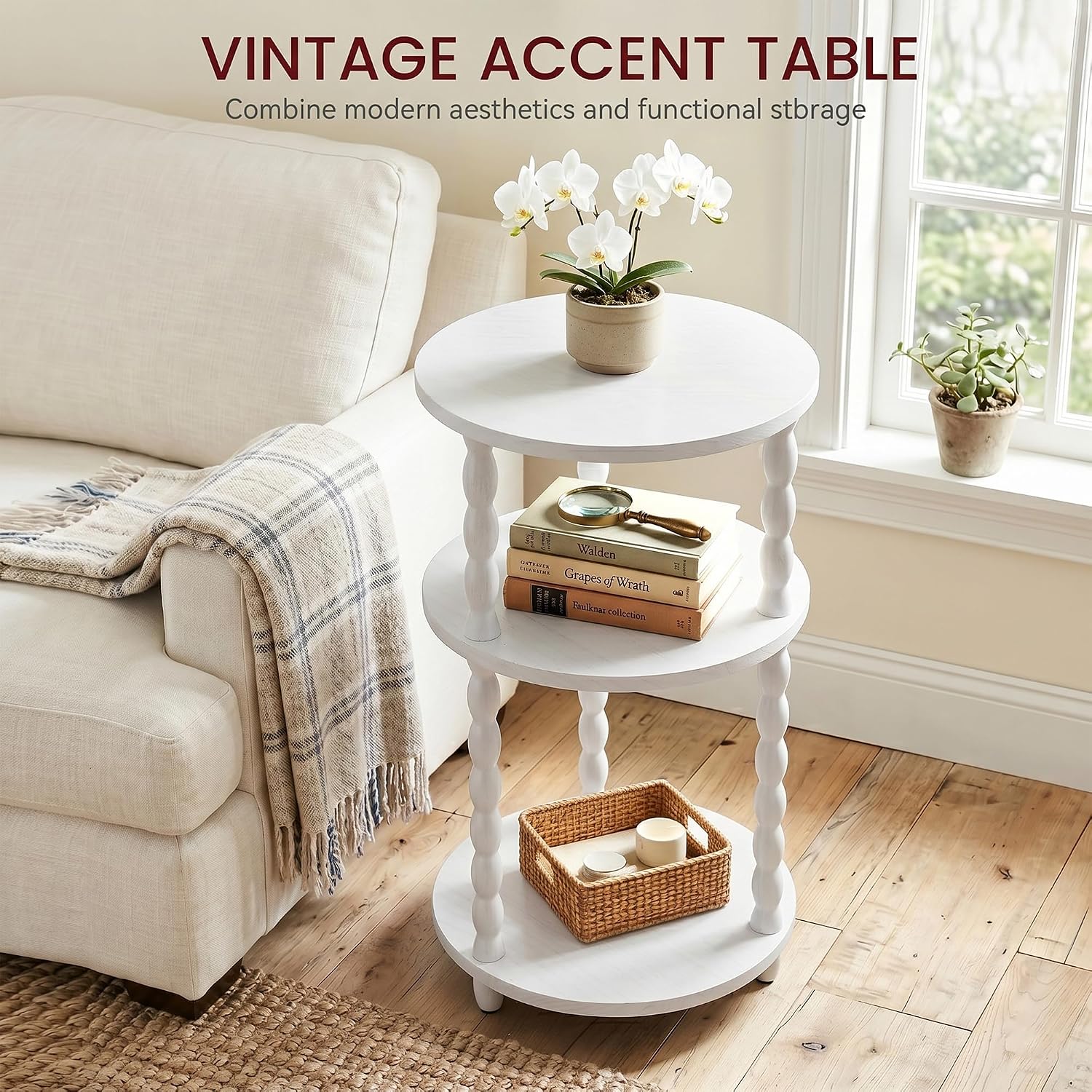 Small Round Side Table, 3-Tier Solid Wood End Table with Storage Shelf, Modern Bedside Tables Night Stand for Living Room, Bedroom, College Dorm, Small Space (White)
