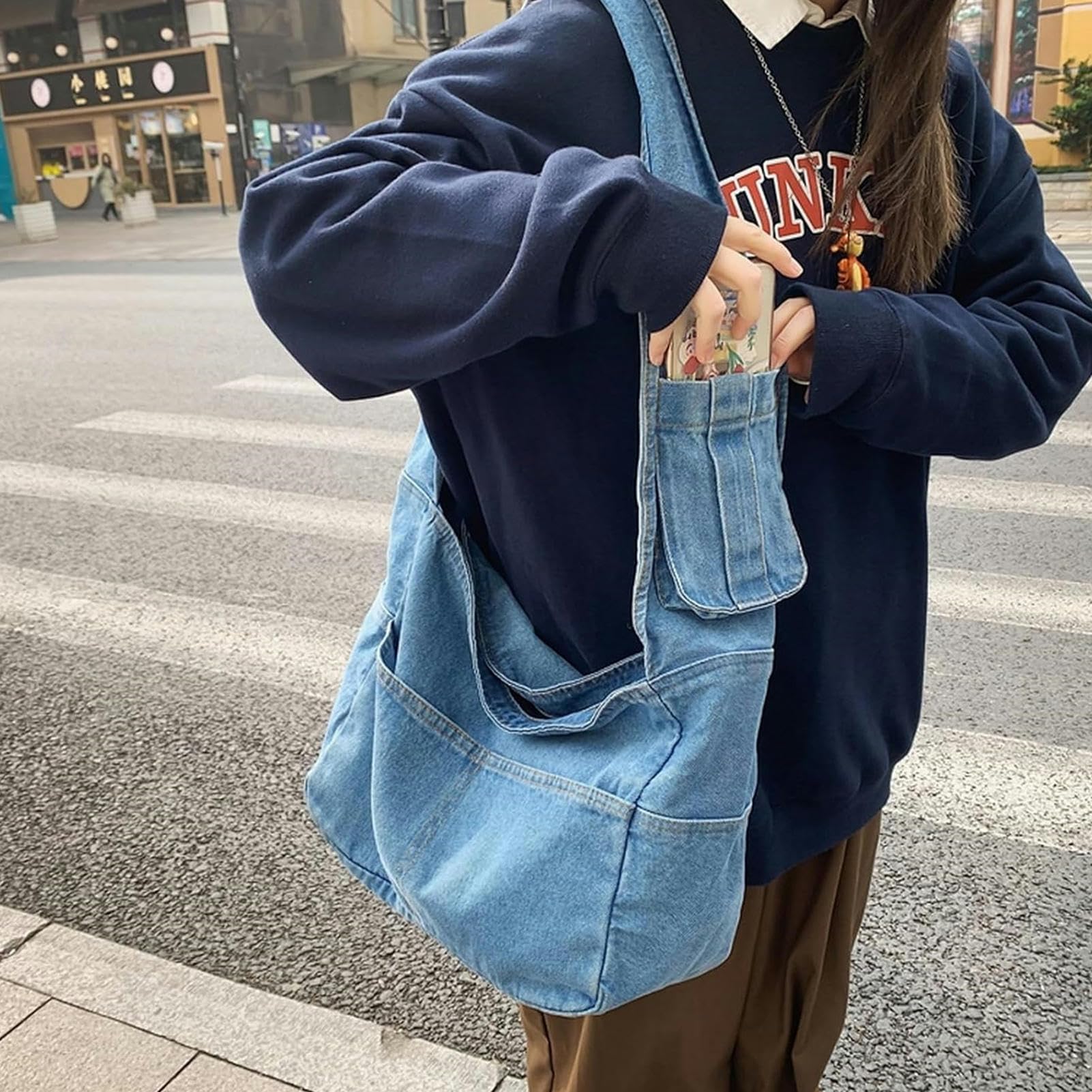 Borsa Donna Tracolla Borse da Donna in Denim in Tela da Viaggio per Lo Shopping da Viaggio per Le Spalle Unisex Jeans Crossbody Borse Shoppers-Light Blue Bag 11-a