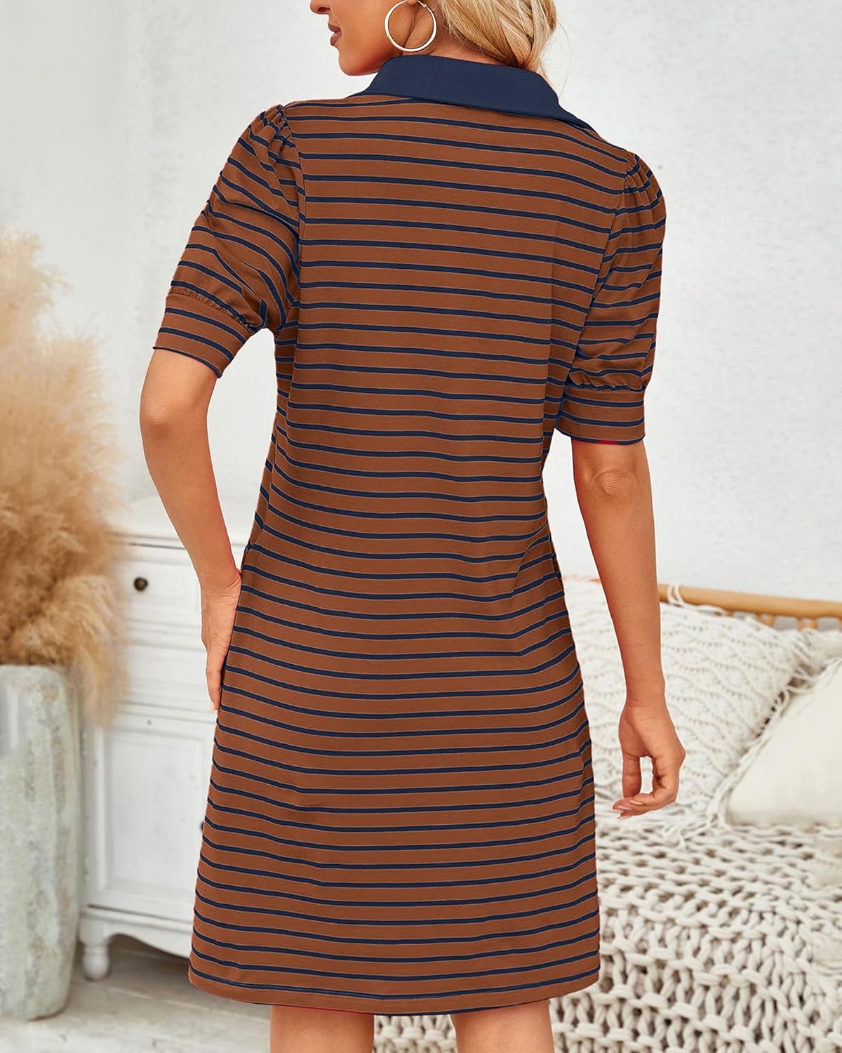 Women's 2026 Summer Casual Striped T Shirt Mini Dress Lapel V Neck Puff Short Sleeve Beach Vacation A-Line Dress - Image 4