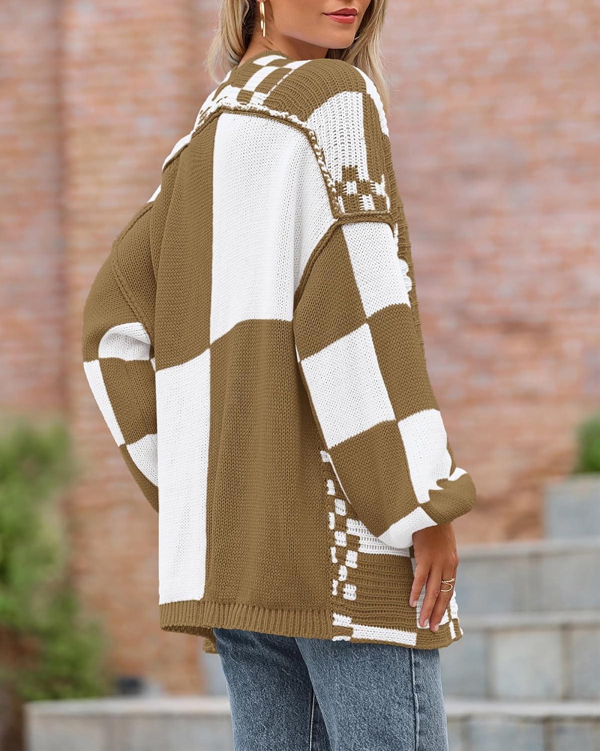 BTFBM Casual Cardigan Sweater for Women Fall 2026 Long Sleeve Open Front Chunky Knit Sweaters Checkered Outwear Coat - Image 6