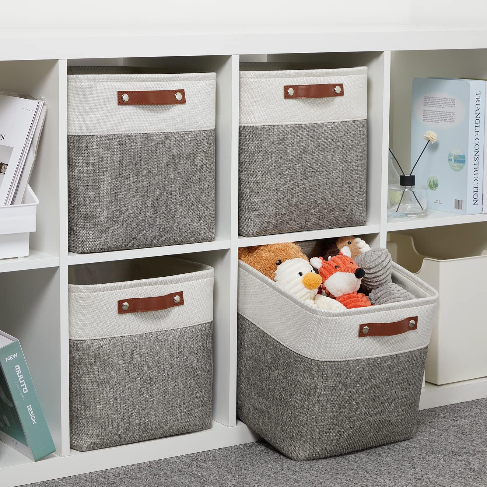 Boîte de Rangement en Tissu 33x38x33cm, Lot de 4 Paniers de Rangement Cubiques Pour Armoire, Étagère, et Vêtements, Gris&Blanc