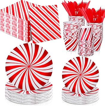 Uiifan 230 Pcs Christmas Candy Cane Party Decorations Paper Plates Disposable Peppermint Dinnerware Guest Tableware Set with Dinner Dessert Plates, Cups, Napkin, Knife, Fork, Spoon for Xmas New Year