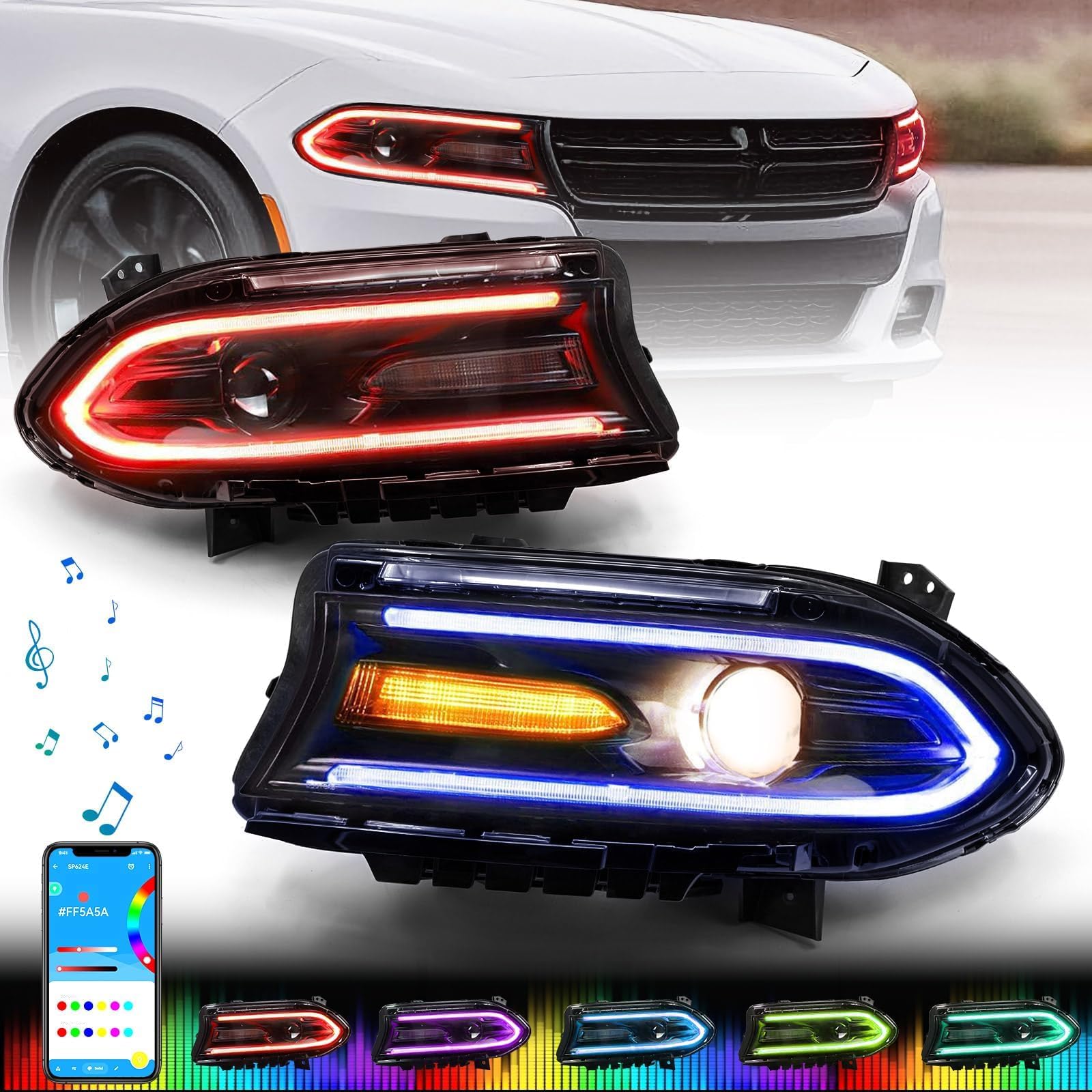 FIONE Multicolor RGB Headlights Assembly Compatible with Dodge Charger 2015-2020 Halogen Model Headlamp with LED DRL & Turn Signal Lights Left & Right (Not Fit Xenon / 2021 Charger)