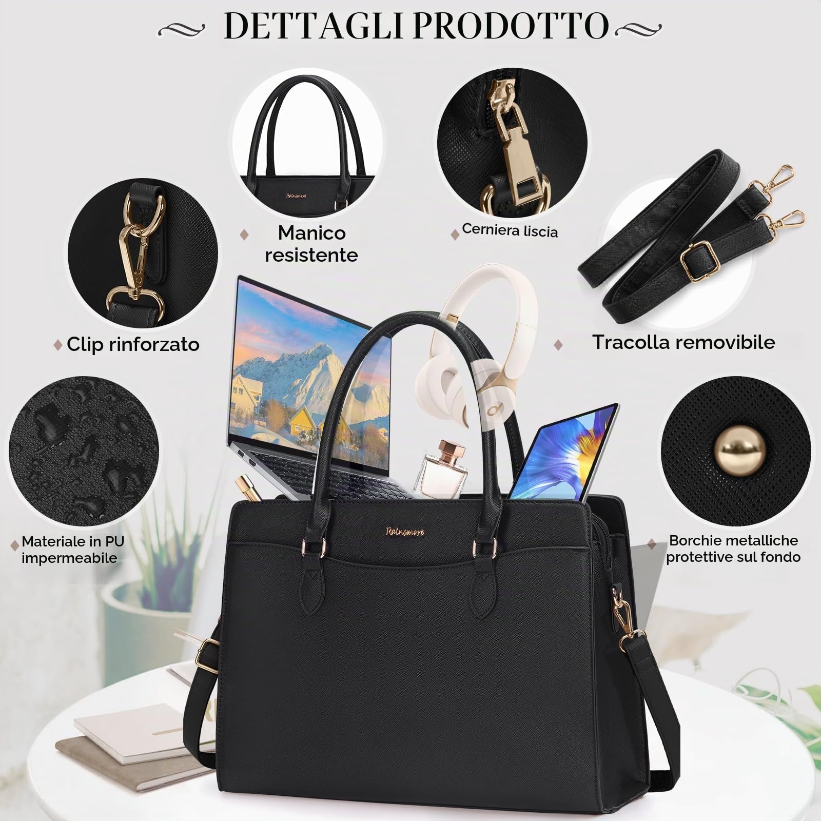 RAINSMORE Borsa Università Donna in Pelle PU Porta PC Impermeabile Nera Tracolla Shopper Business Lavoro
