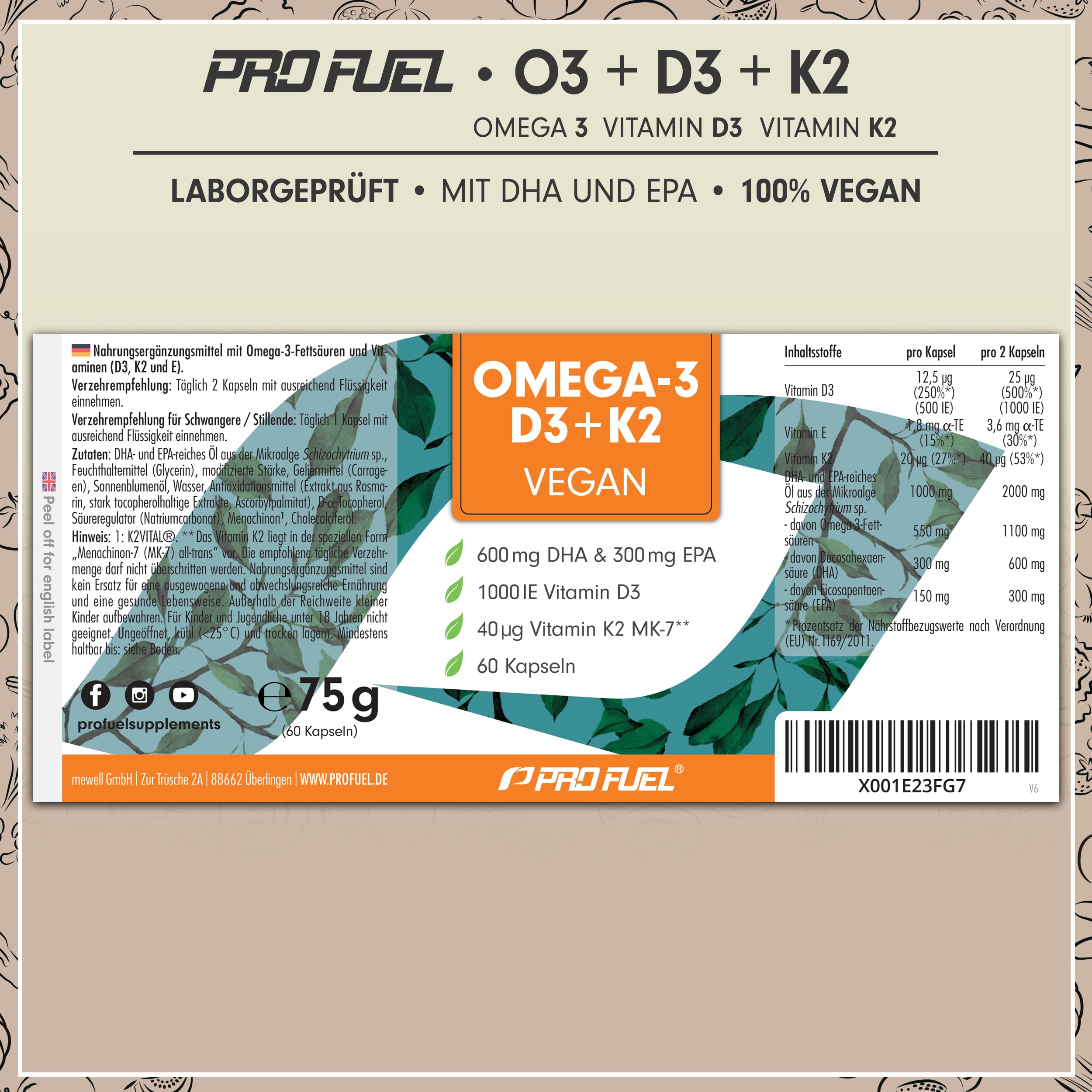 Omega-3 vegan + D3 & K2 (60x), 1100mg Algenöl mit 600mg DHA & 300mg EPA + 1000 IE Vitamin D3 + 40 µg Vitamin K2 - O3 D3 K2 vegan Essentials - Omega-3 Kapseln laborgeprüft mit Zertifikat