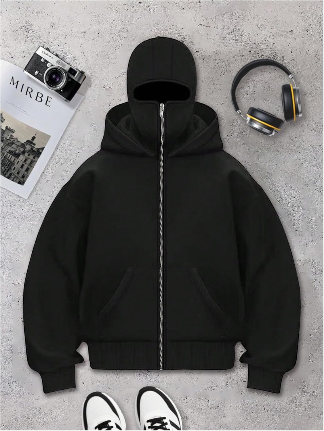 GORGLITTER Men's Balaclava Hoodie Jackets Full Zip Up Hip Hop Double Layer Hooded Sweatshirts Outerwear - Image 2