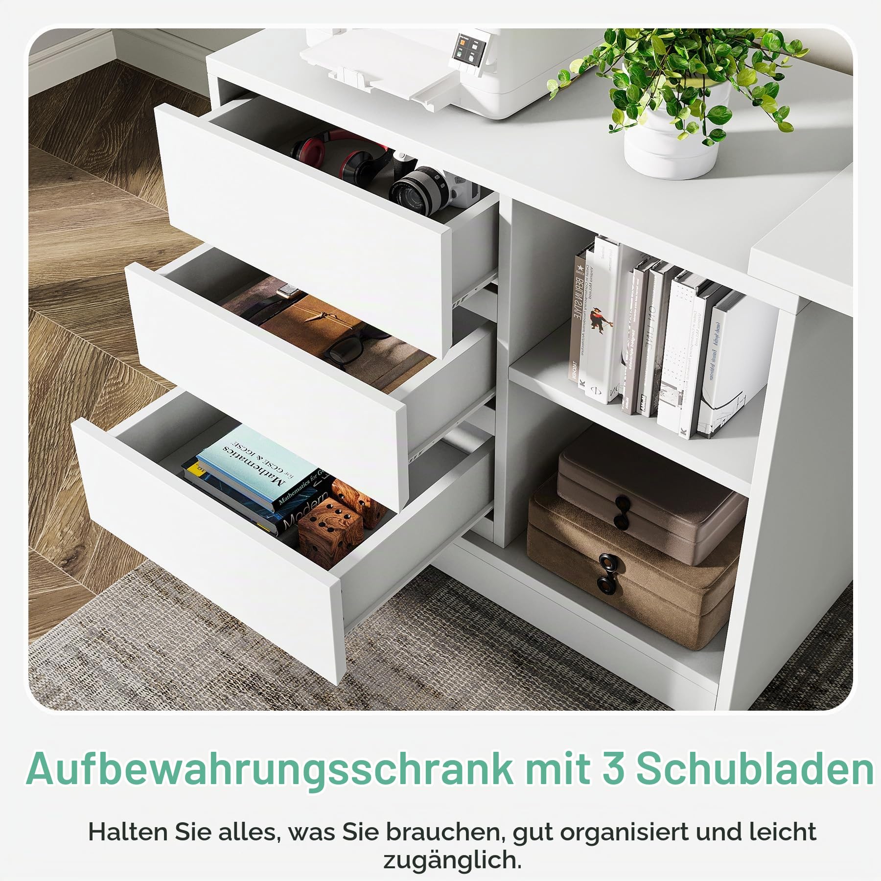 Tribesigns Schreibtisch, L-förmiger Computertisch mit Schubladen und Regalen, wendbarer weißer Eckschreibtisch mit Aufbewahrungsschrank, moderner Arbeitstisch für Homeoffice, Schlafzimmer