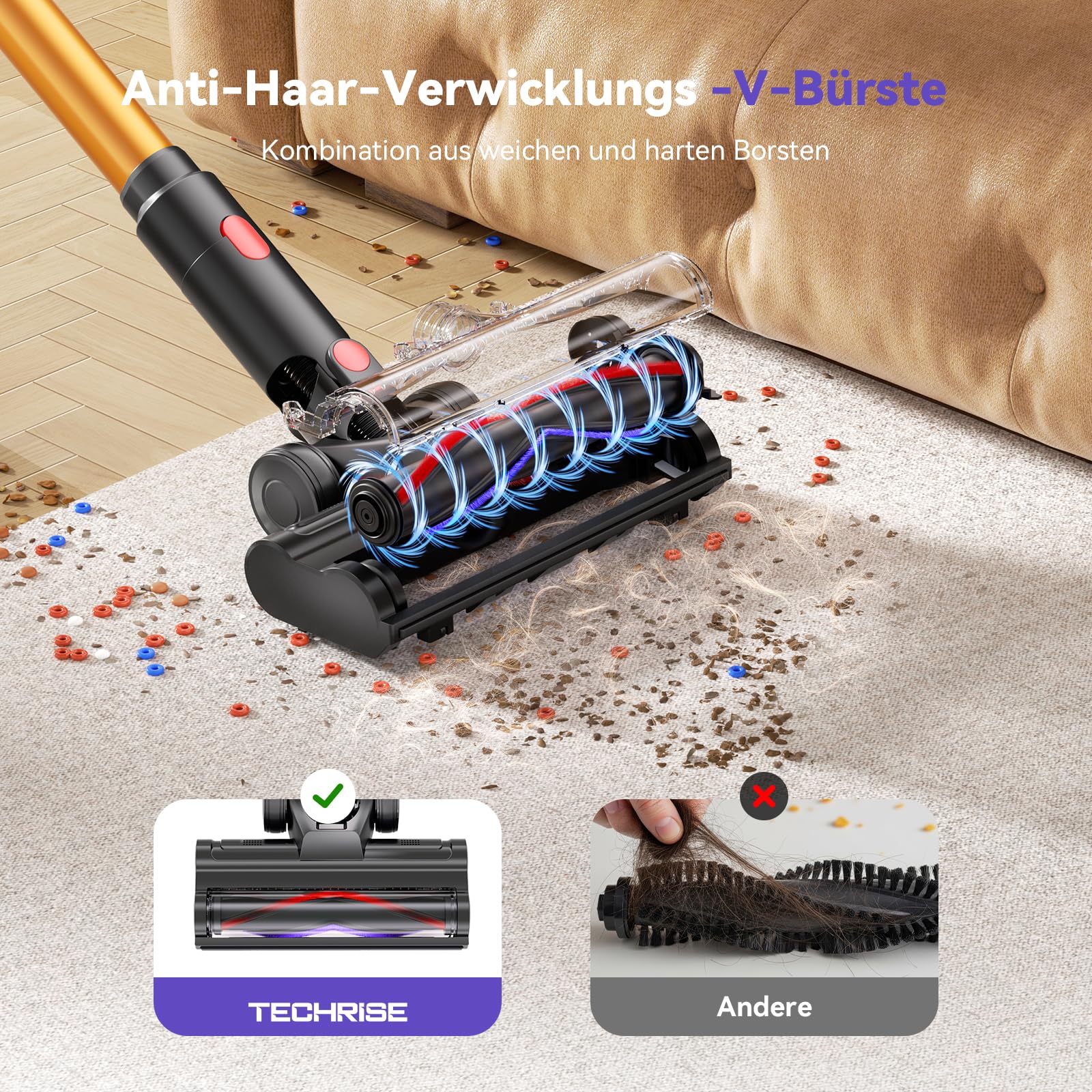 TechRise 8-in-1-Funktion Akku Staubsauger 45000Pa/500W/60Min, Display | Anti-Tangle-Bürste, Staubsauger Kabellos mit Display, Stielstaubsauger für Zuhause, Tierhaare/Teppiche/Hartböden