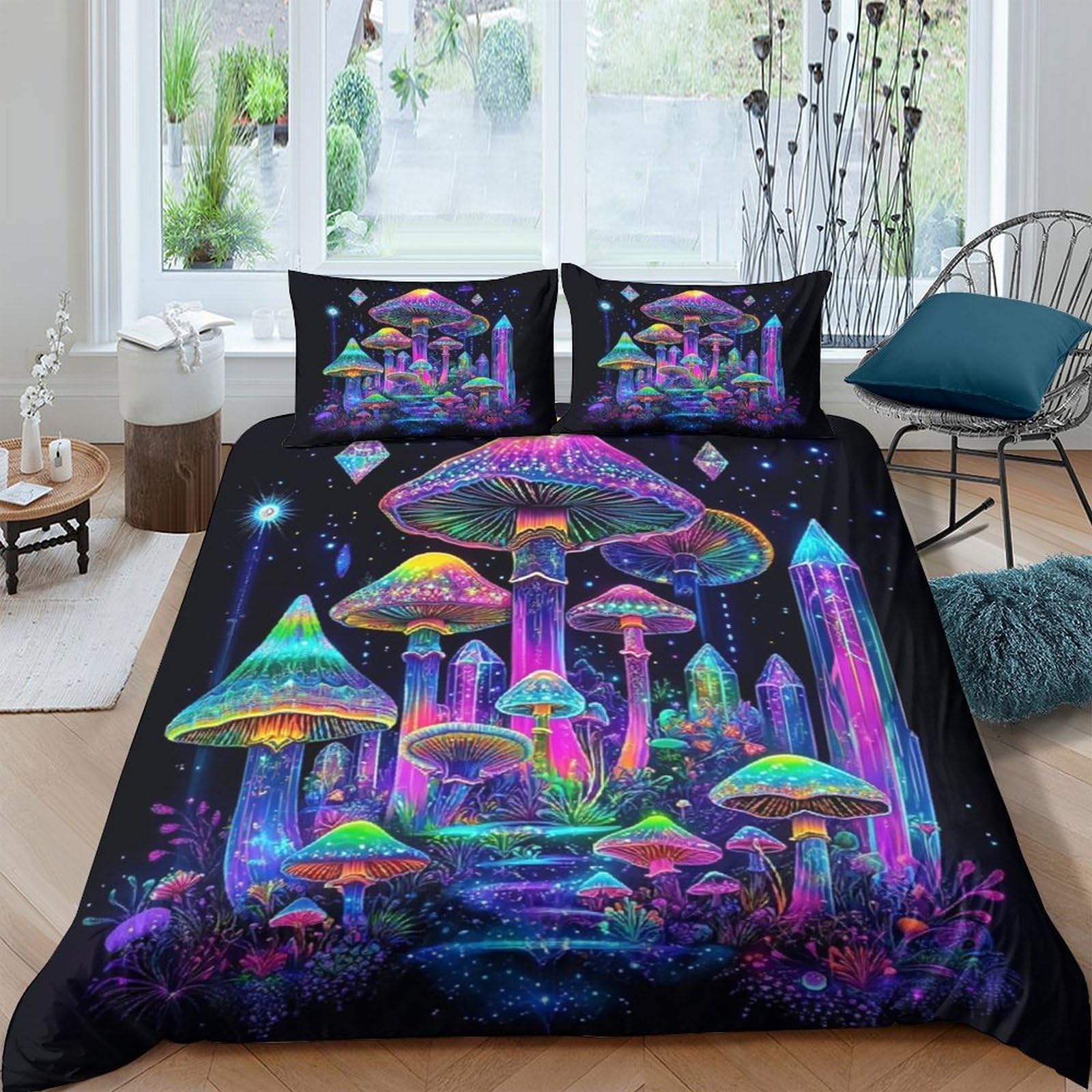 Ctjqhvkz Style-7 3D Printed Neon Mushroom Fitted Sheet Microfiber Soft Breathable Psychedelic Forest Bed Cover Anti-Slip Machine Washable Bedroom Decor Single（135X200cm）