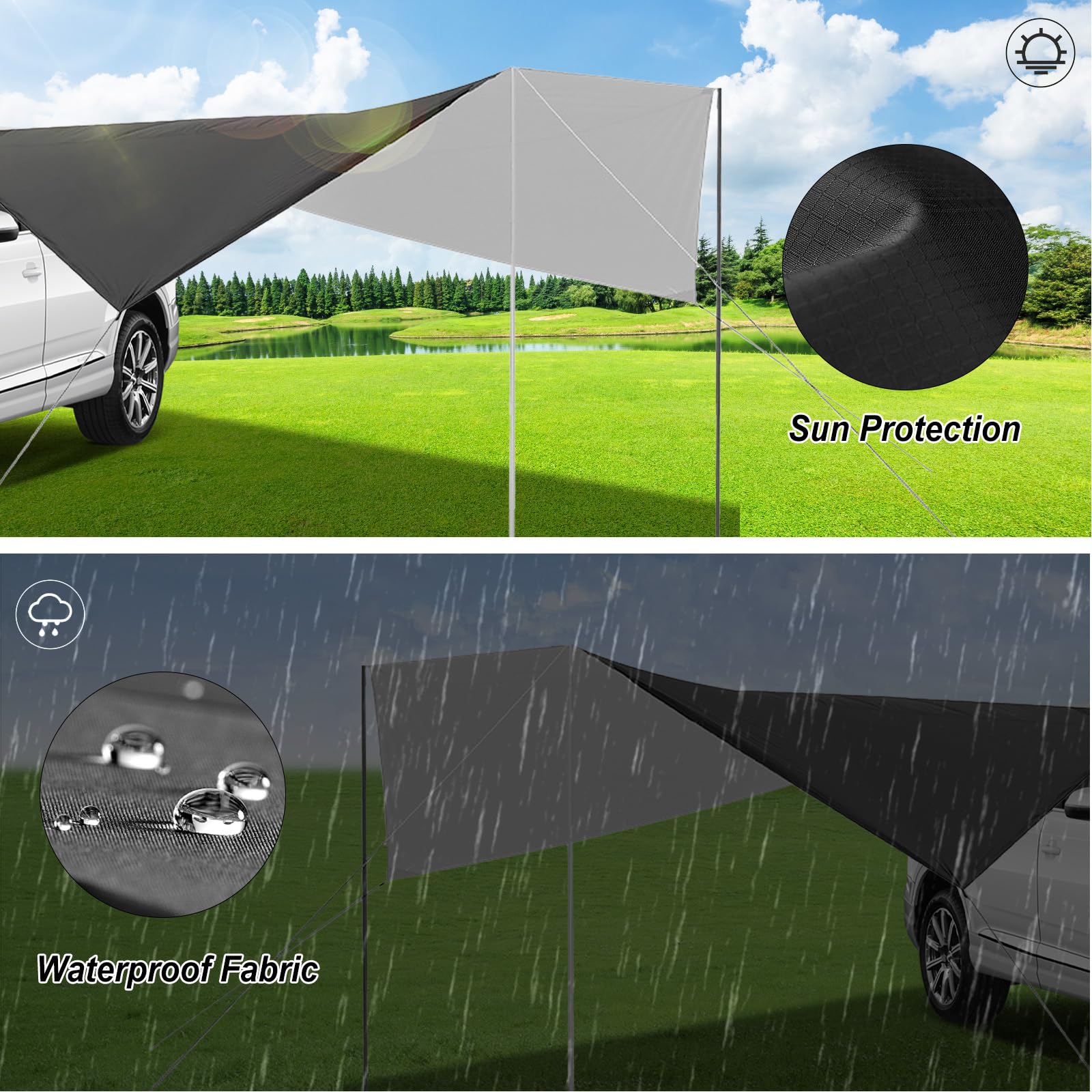 Toldo Coche, 280 x 380 cm Toldo para Portón Trasero y Lateral Impermeable, para Furgonetas y Autocaravanas (Negro)