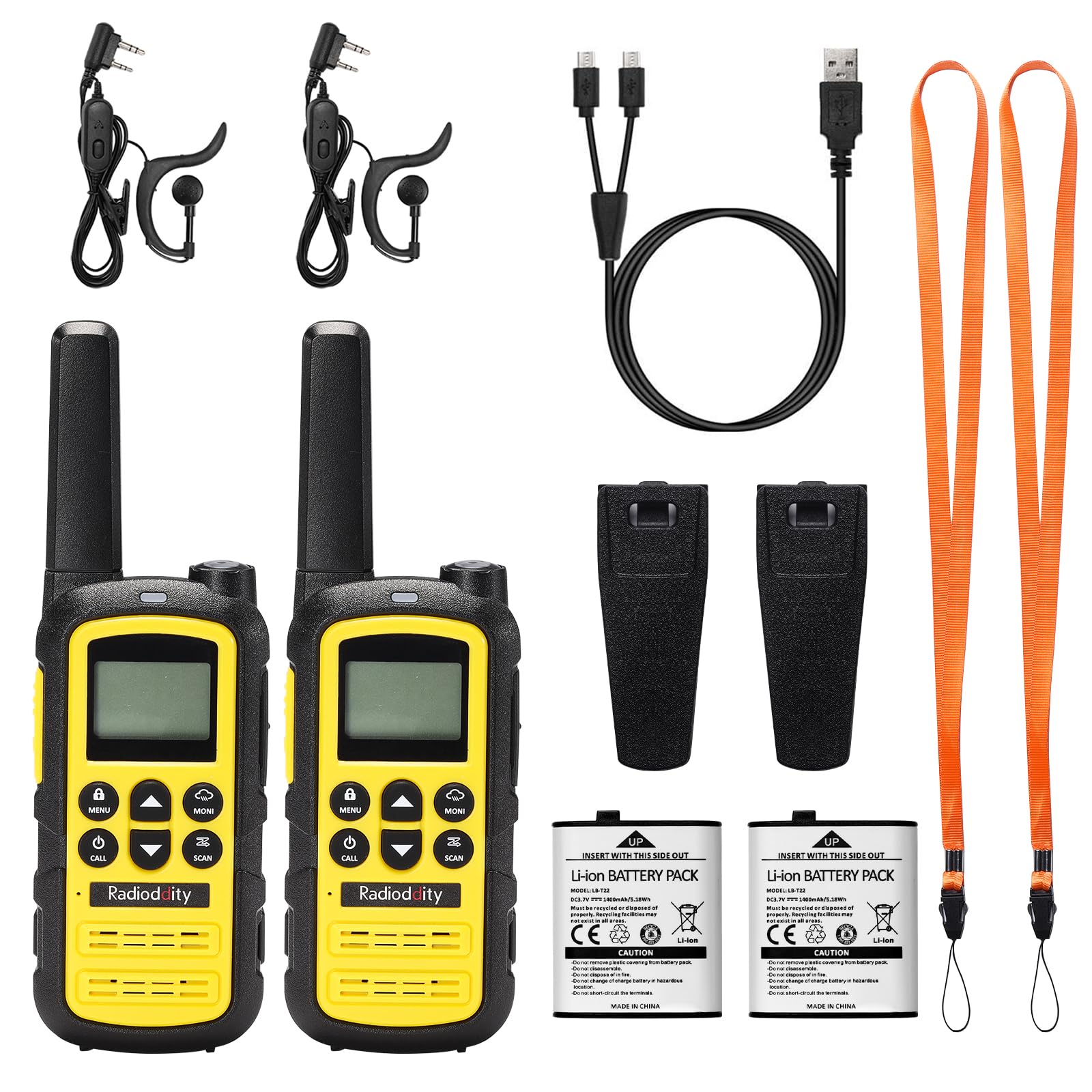 Radioddity PR-T6 Walkie Talkie Niños PMR446 Walkie Talkie Recargable de Largo Alcance con 16 Canales, VOX, Carga USB-C, Linterna, Auricular para Acampar Senderismo, Paquete de 2, Amarillo