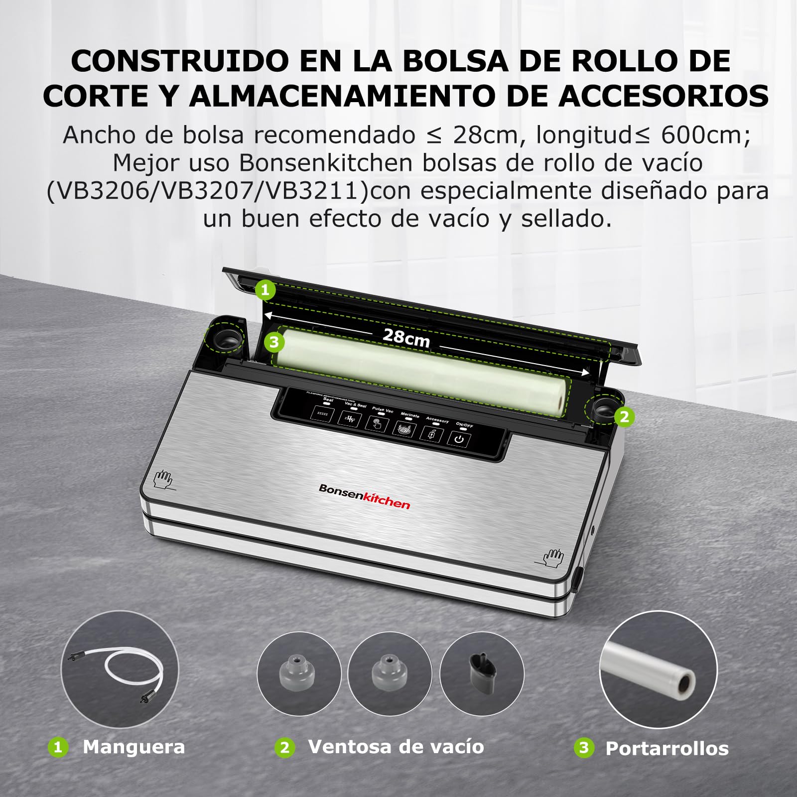 Bonsenkitchen Envasadora al Vacío, Maquina al Vacio con 5 modos, 8 L/min, Tecnología Globefish para Un Funcionamiento a Alta Velocidad, Vacío Rápido, Incluye 5 Bolsas de Vacío y 1 Bolsa de Rollo