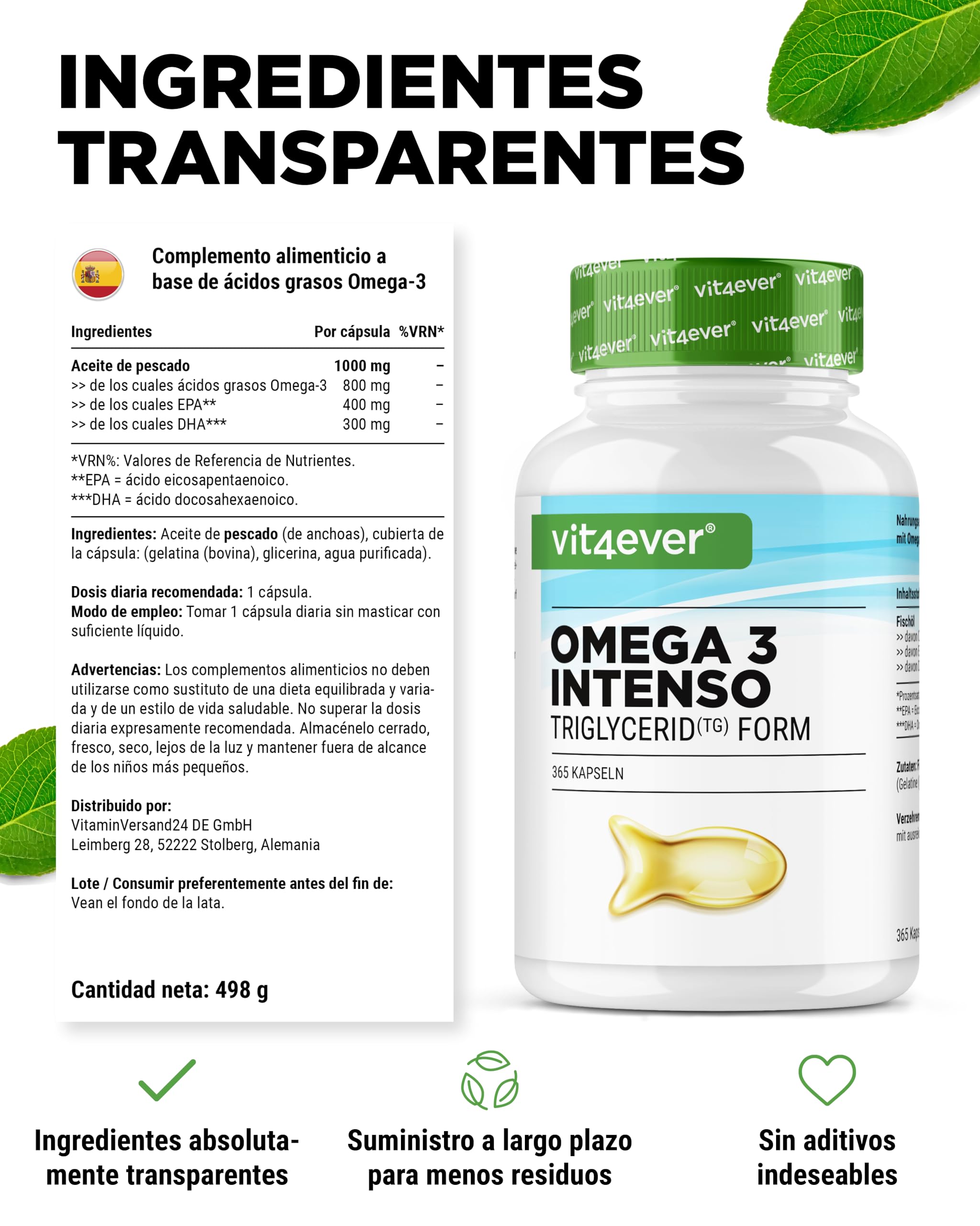 Omega 3 Premium Con Einem 80% De Ácidos Grasos - 365 Cápsulas - 1000 Mg De Aceite De Pescado Por Cápsula Con EPA Y DHA - En Forma De Triglicéridos - Elaboradamente Purificado A Partir De Pesca Sosteni