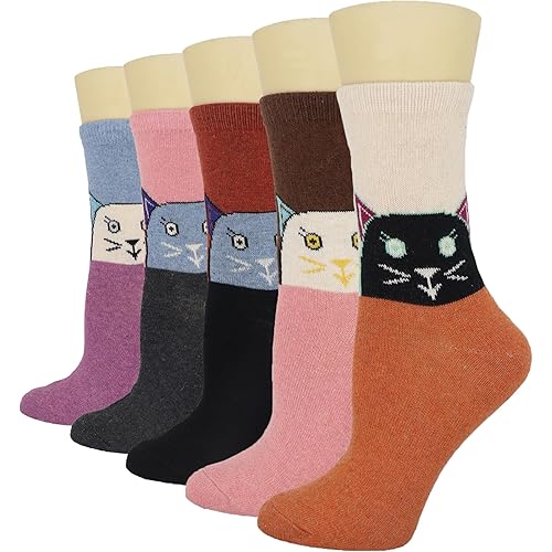YZKKE 5Pack Womens Warm Wool Soft Cozy Crew Socks Cute Animal Owl Cat Design Sock for Fall Winter Christmas Gifts Size 5-9