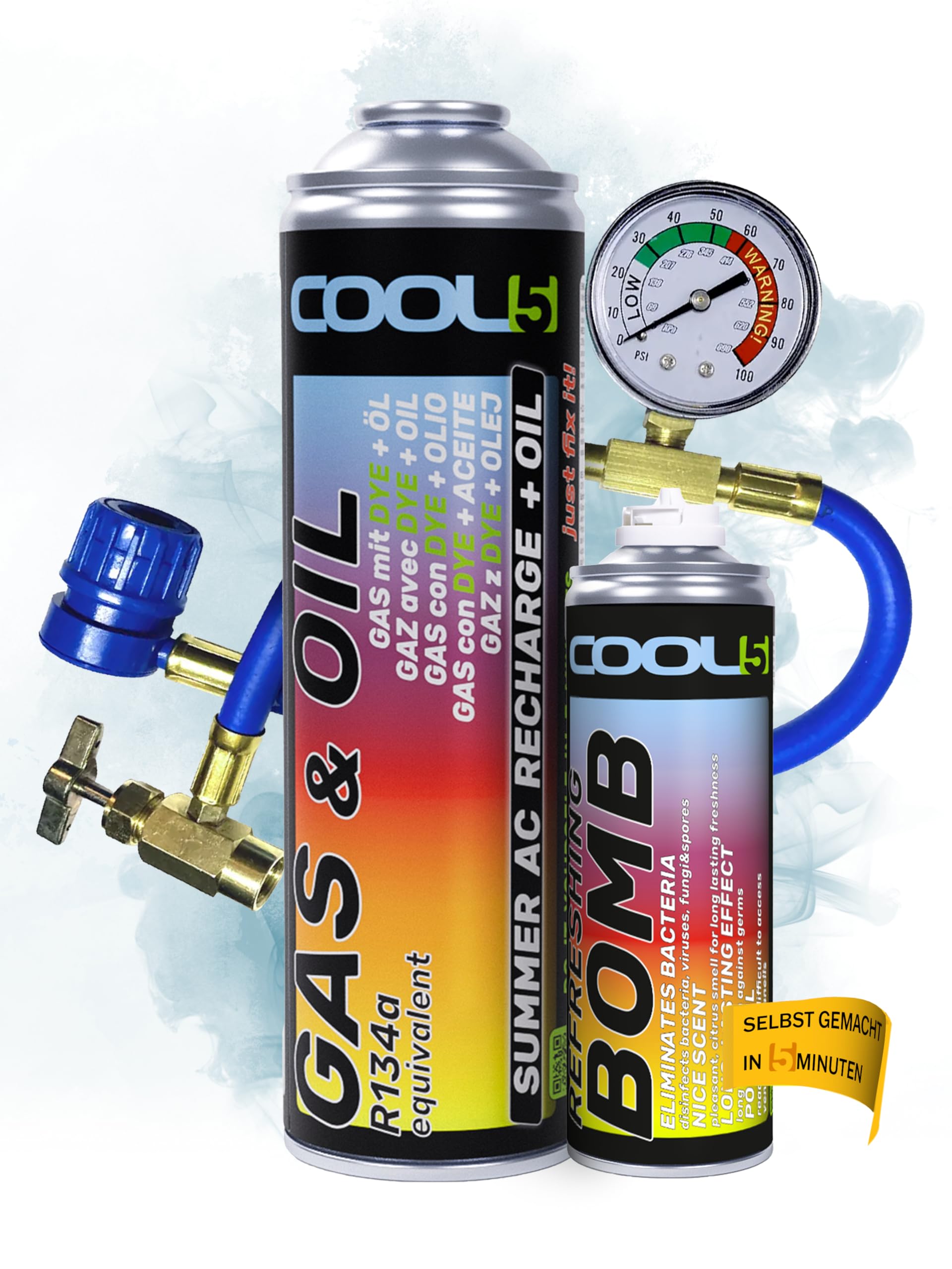 Ersatzkältemittel r134a für Autoklimaanlagen – 1 Dose 2in1, 290g + Druckleitung mit Manometer + Lufterfrischer für Auto