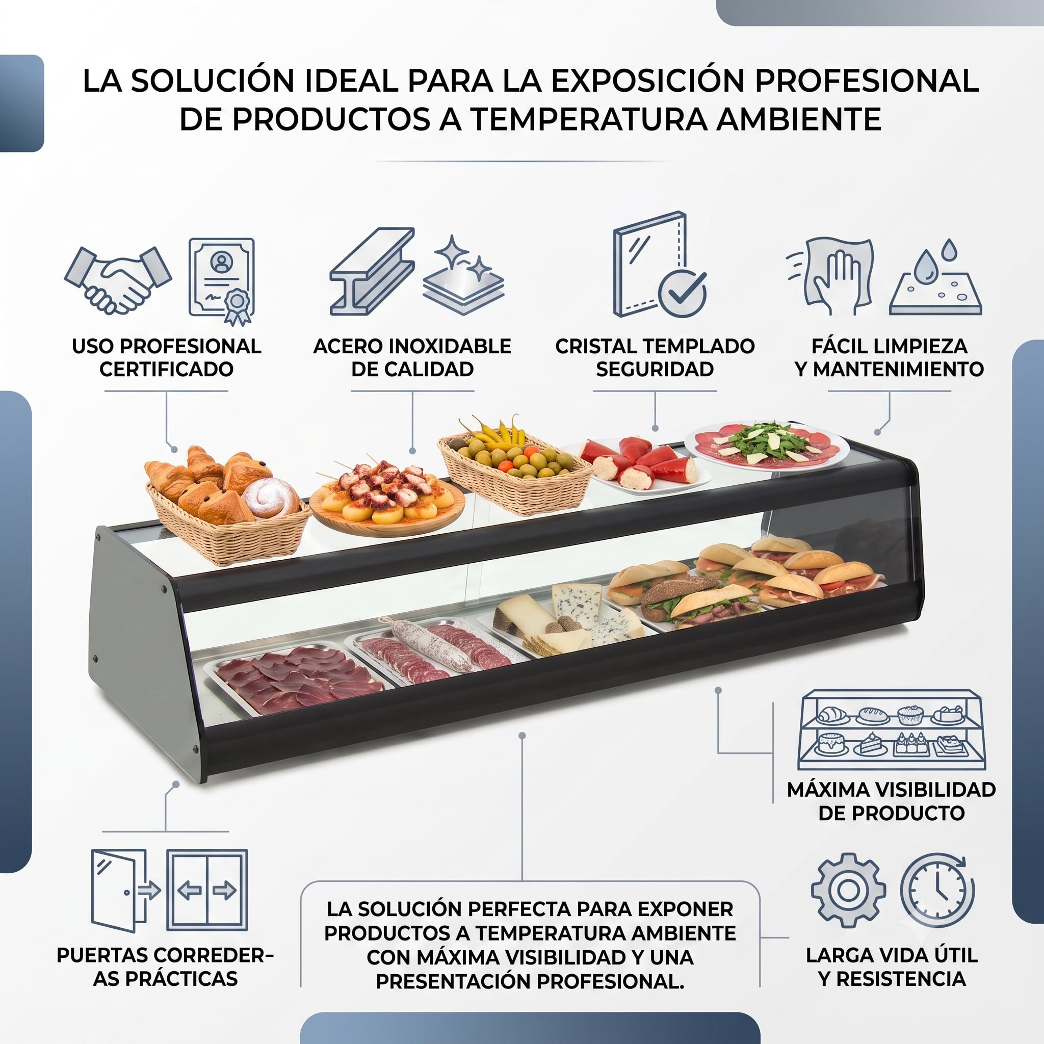 Vitrina Expositora Neutra de Cristal 180,8 x 39 x 25 cm, Acero Inoxidable, Puertas Correderas, para Bar, Hostelería, Bollería y Mostrador