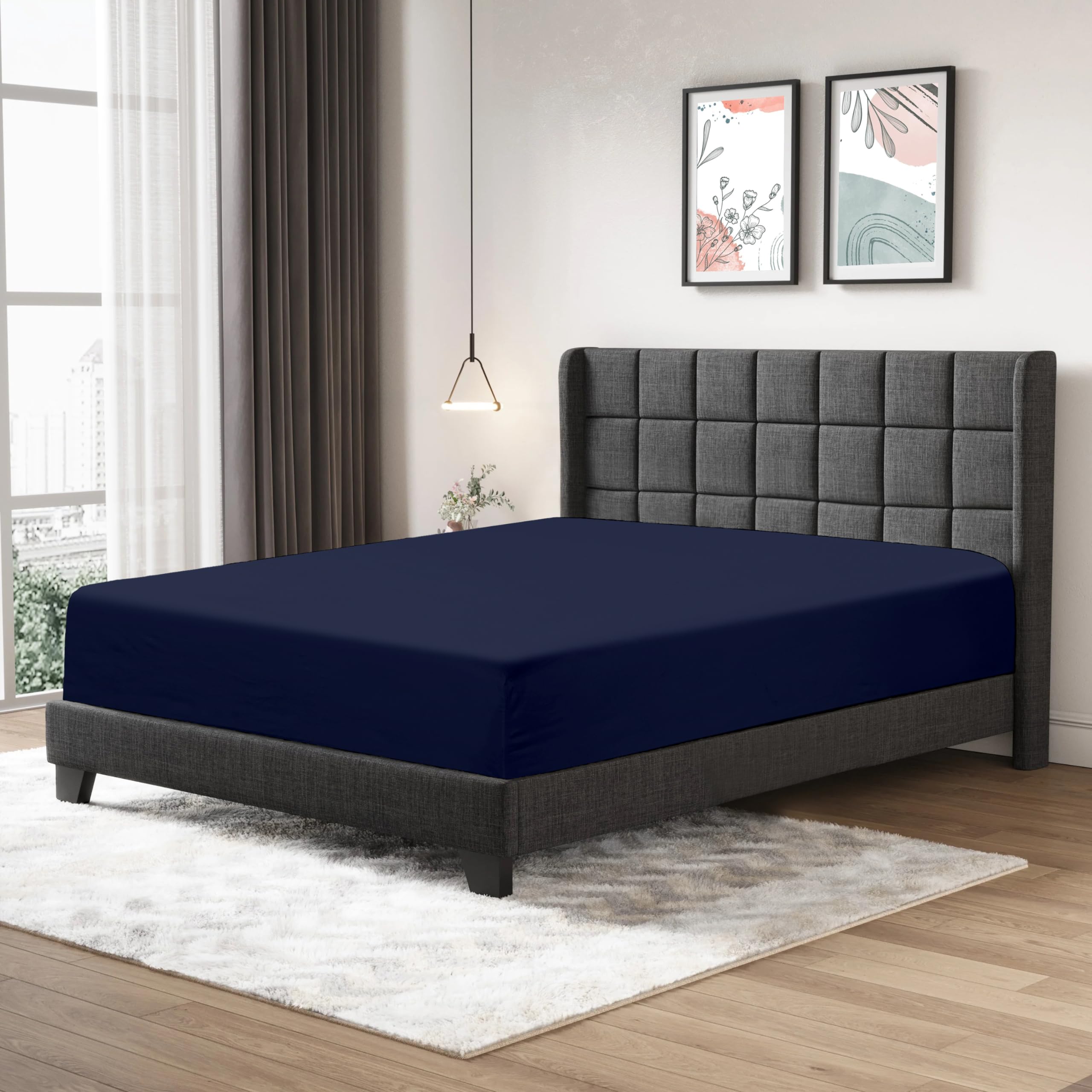Fitted Sheet 25cm Deep Mattress Pocket 100% Egyptian Cotton 200 Thread Count Soft & Fade Resistant Bottom Fitted Bed Sheet (Navy, Single)