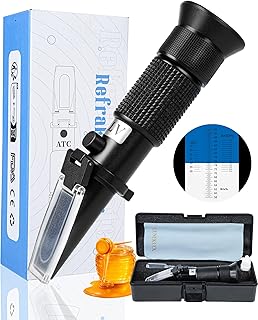 3-in-1 Honig Refraktometer mit ATC Brix 58-92% Wassergehalt 12-27% Baumé 38-43°Bé inkl. 72,2% Kalibrierlösung Hand Refraktometer für Imker Honig Sirup Melasse Fruchtsaftkonzentrat