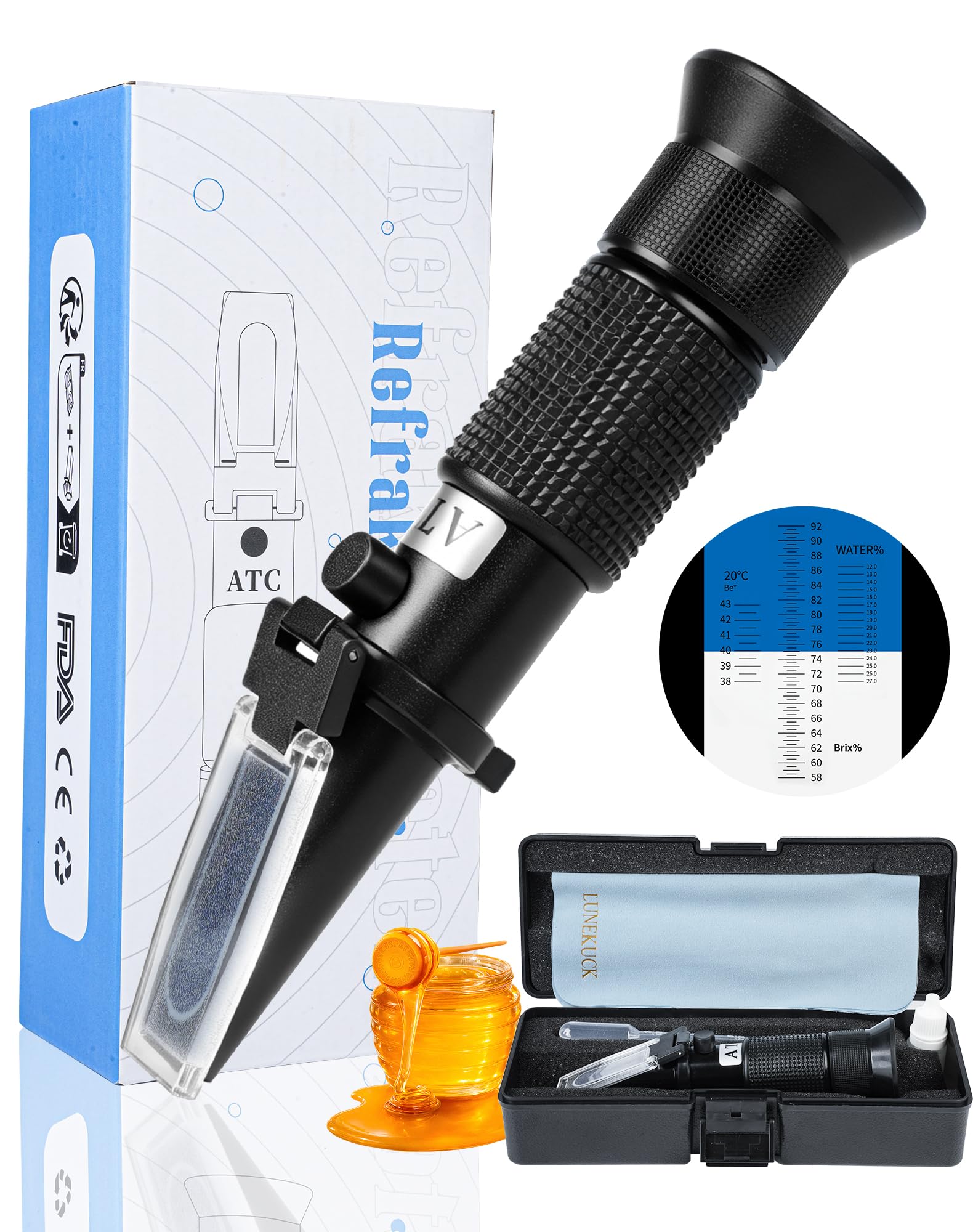 3-in-1 Honig Refraktometer mit ATC Brix 58-92% Wassergehalt 12-27% Baumé 38-43°Bé inkl. 72,2% Kalibrierlösung Hand Refraktometer für Imker Honig Sirup Melasse Fruchtsaftkonzentrat