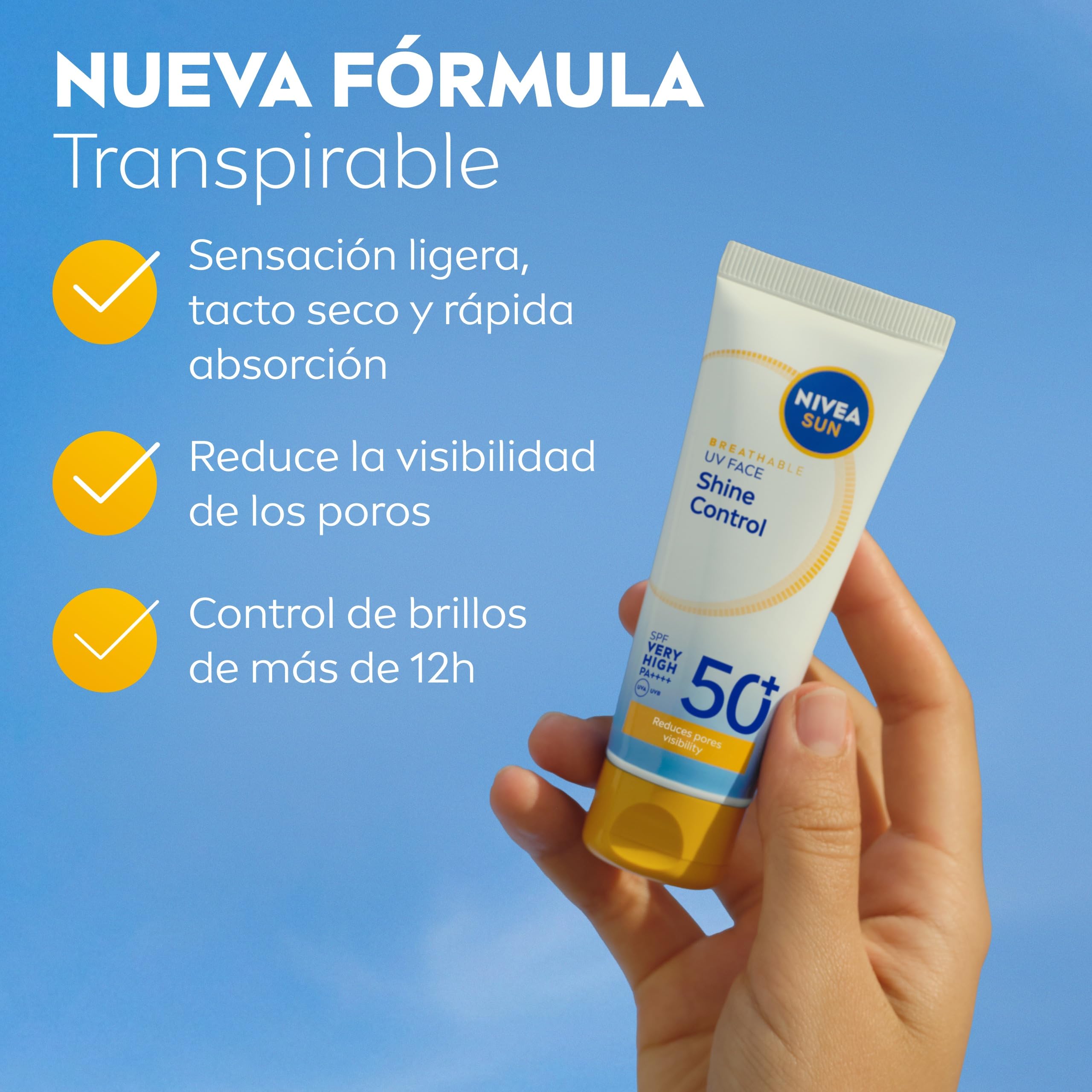 NIVEA SUN Control de Brillos Protección Facial FP50+ Transpirable - Matificante 12 h - Carnitina, Tapioca, Almidón de Arroz, Licocalcón A - Textura Ligera y 0% Sensación Grasa - Piel grasa - 40 ml
