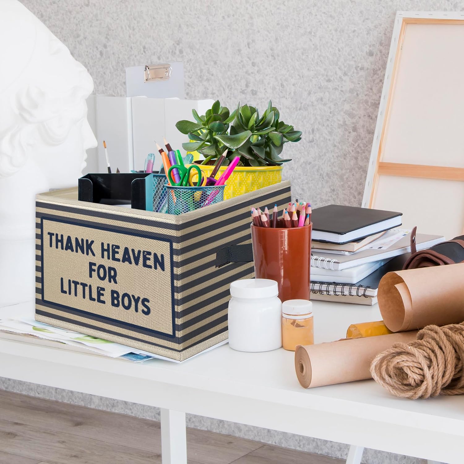 Boys Foldable Storage Bins Box with Handles, Thanks Heaven for Little Boys Blue Striped Collapsible Toys Books Clothes Organizer Basket for Kids Boy Nursery Room Bedroom Playroom Bathroom