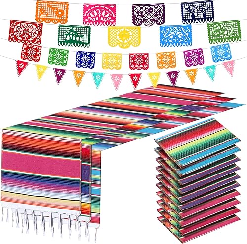 Paquete de 10 caminos de mesa mexicanos de 14 x 84 pulgadas 29 pancartas de papel picado pancarta colgante de fiesta y banderín bandera colorida