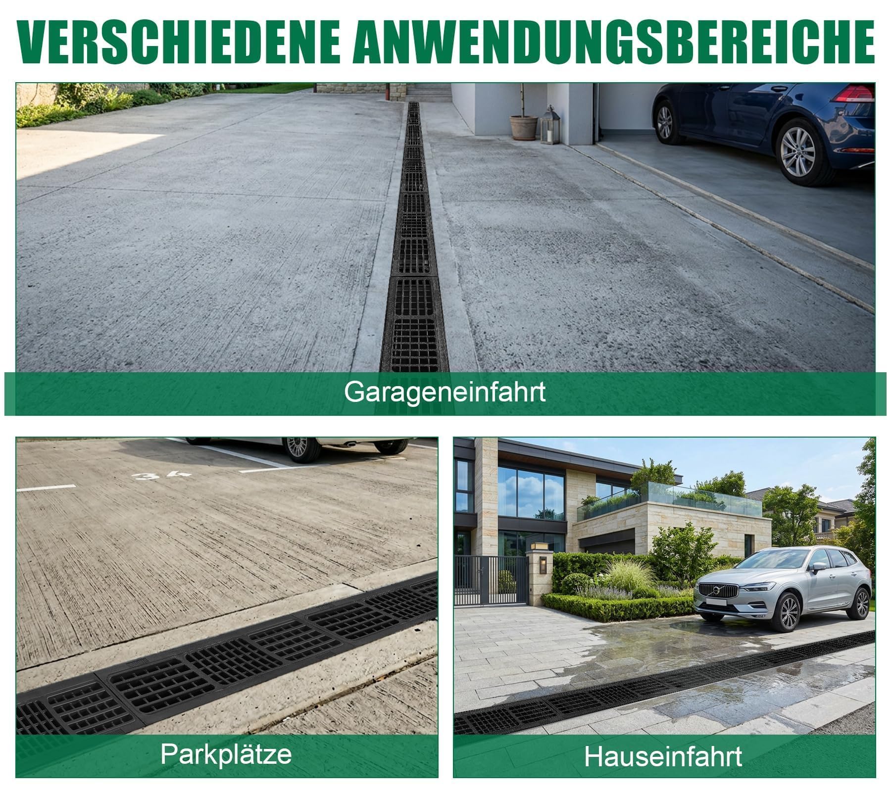 3m Entwässerungsrinne mit B125 HDPE-Rost | L1000 x B155 x H140 mm