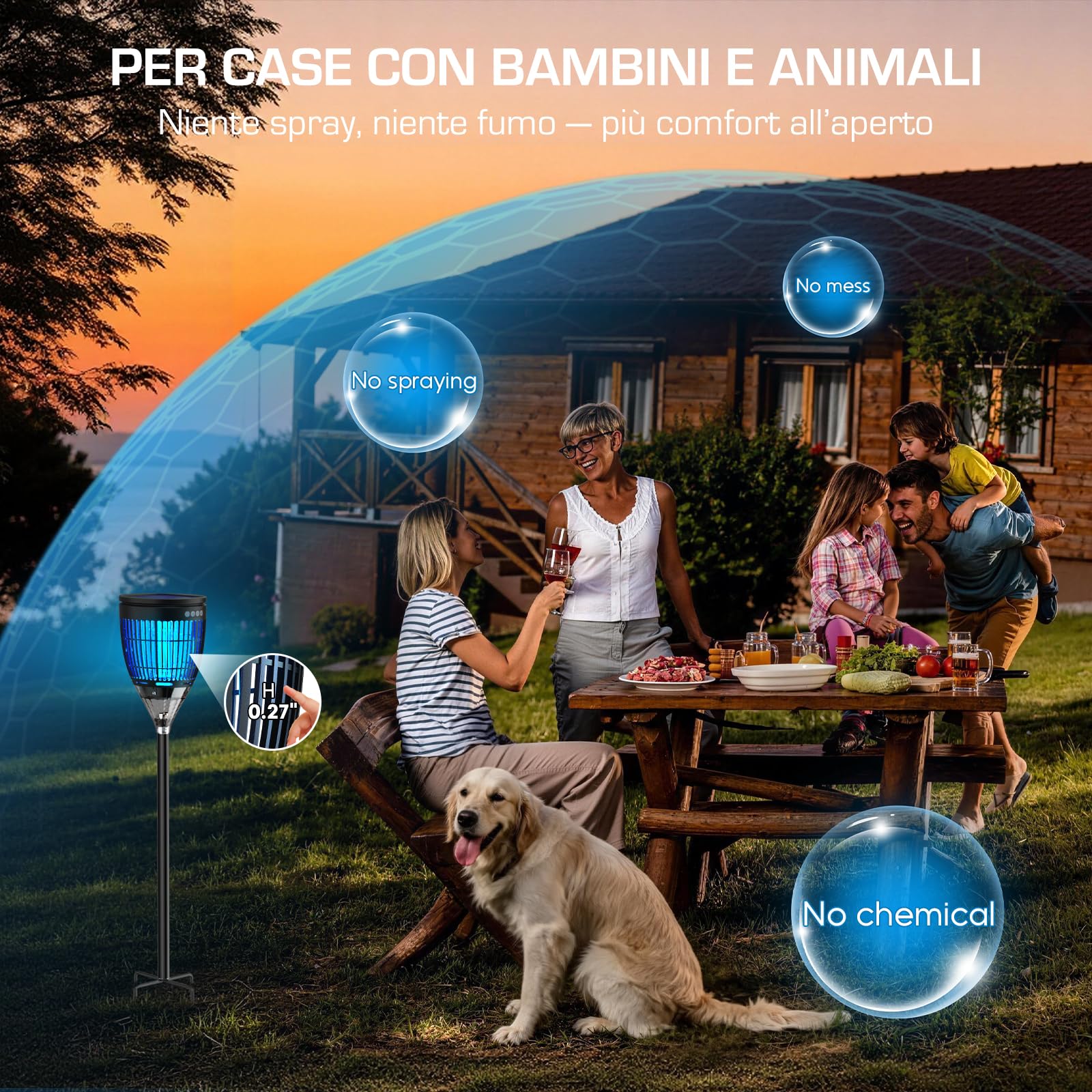 Lampada Antizanzare Solare da Esterno, Zanzariera Elettrica 4200V, Impermeabile IPX5, Ricaricabile USB-C, Lampada Zanzare Senza Fili con Picchetto per Giardino, Prato, Cortile