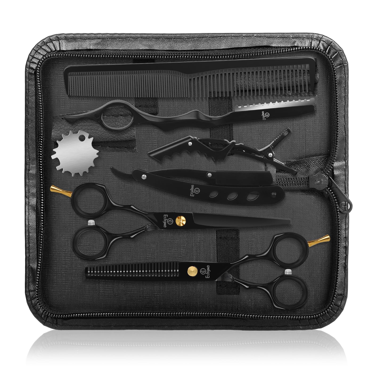 Ethyxe Hair Cutting Scissors Kit with Razor, Leather Case, Barber Hair Cutting Shears Thinning Blender Scissors for Professional Hairdresser or Home