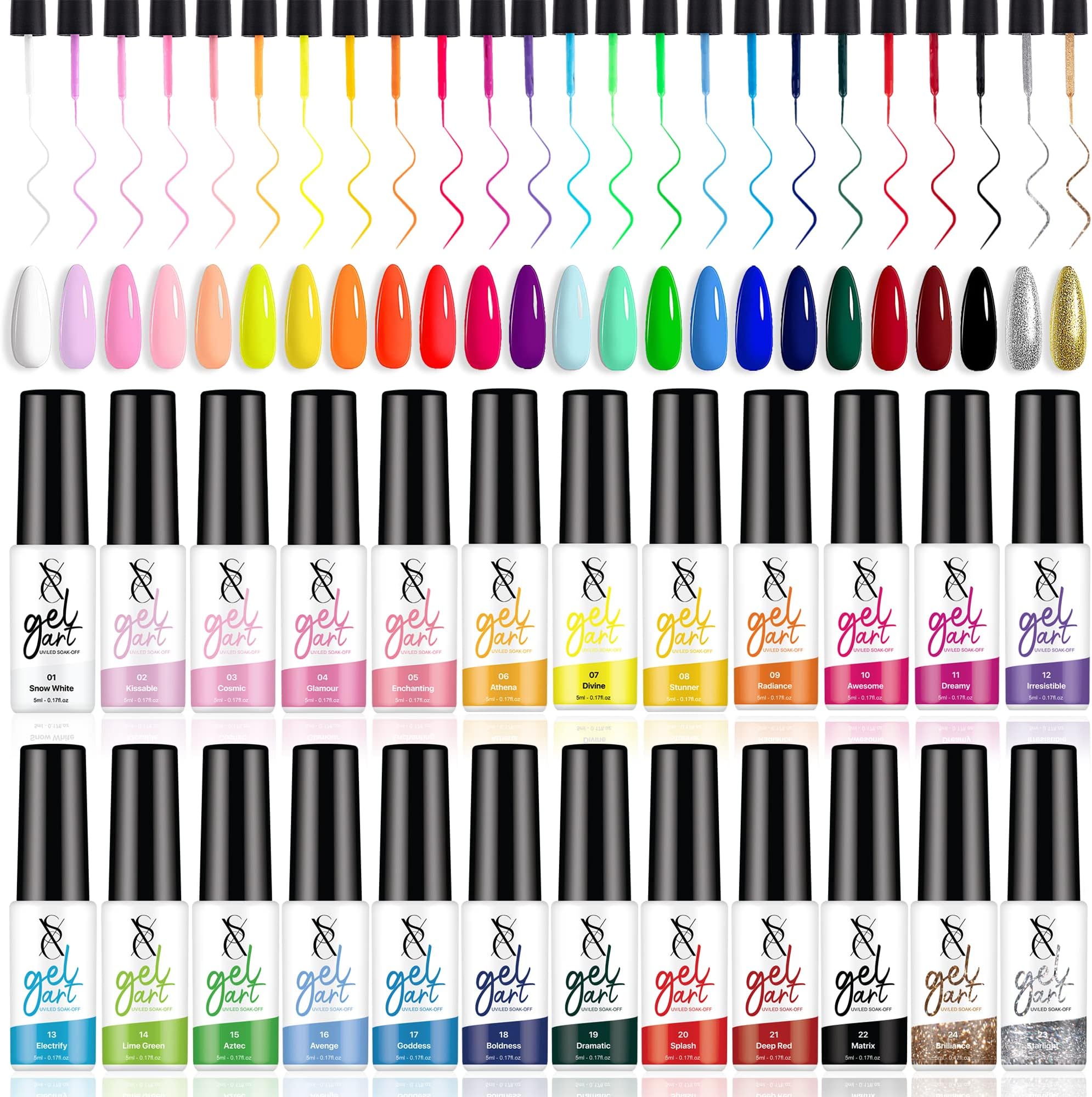 SXC Cosmetics Gel Liner Nail Art Polish Set of 24 Color PRO Series with a Built-in Thin Nail Art Brush Soak Off for Nail Art Designs (24 Colors Pro Series)