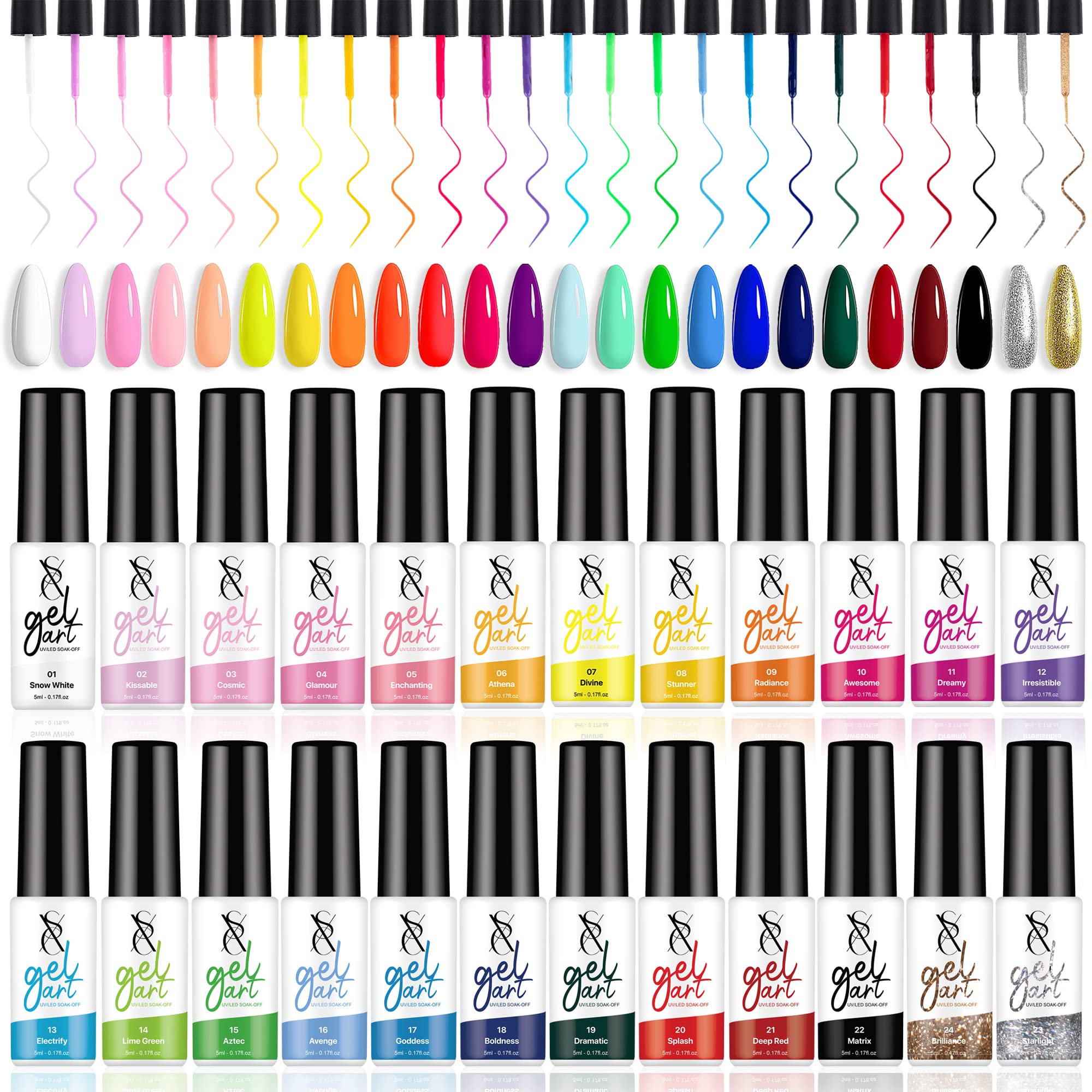 SXC Cosmetics Gel Liner Nail Art Polish Set of 24 Color PRO Series with a Built-in Thin Nail Art Brush Soak Off for Nail Art Designs (24 Colors Pro Series)
