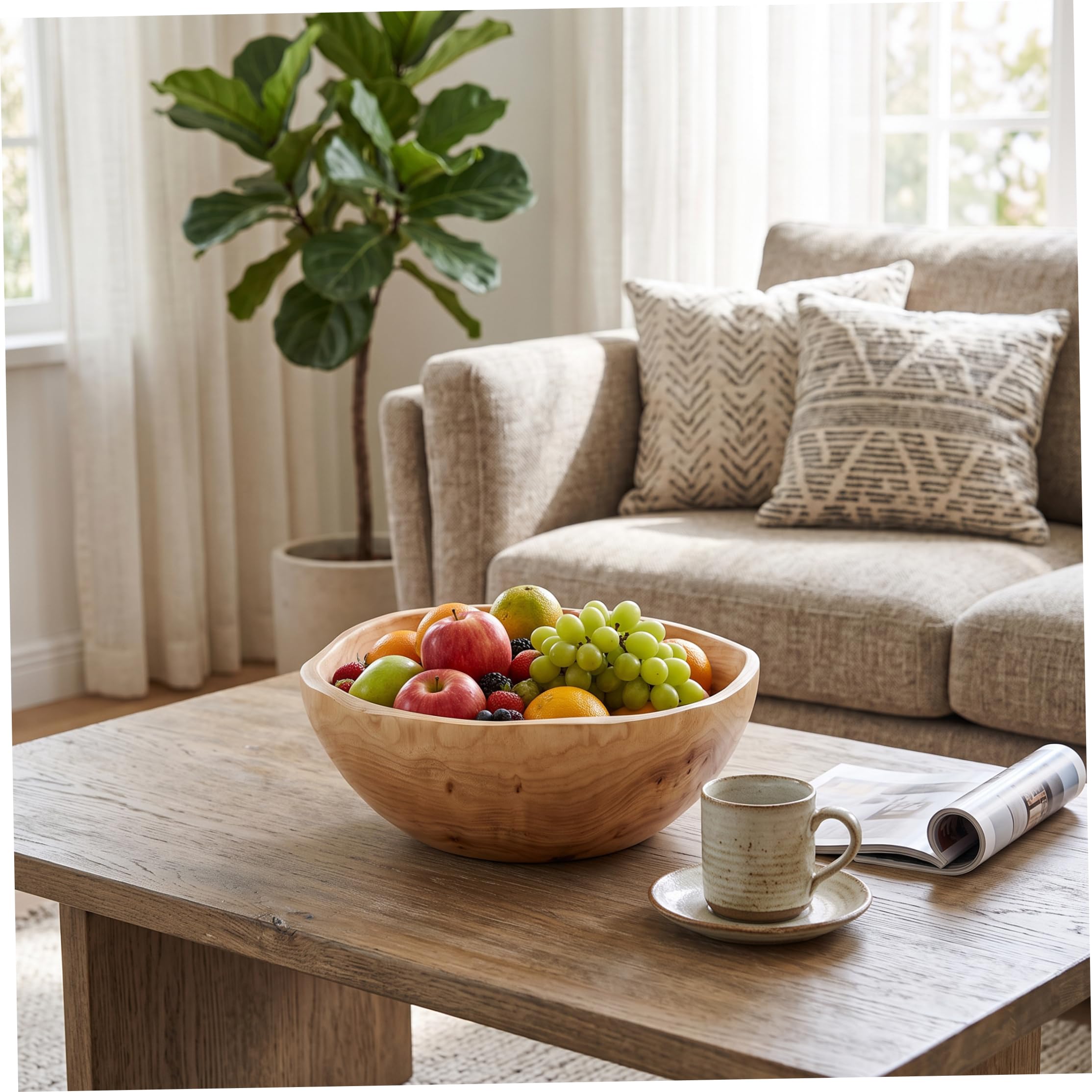 Bol en bois avec bol décoratif à revêtement de grain naturel, 10-11 pouces | Lisse sans bord, construction robuste, lavage facile, convient aux fruits, salades, bijoux, clés.