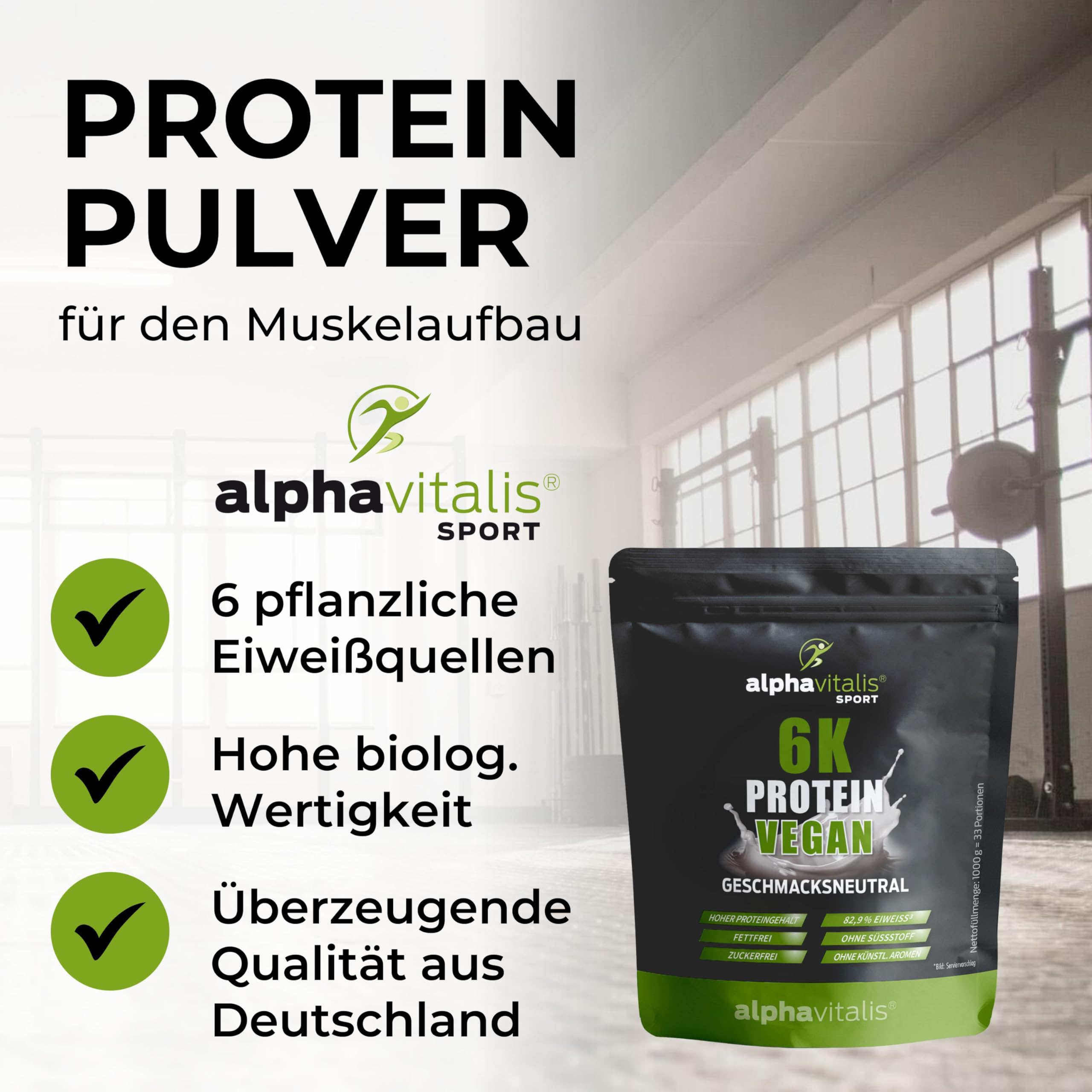 PROTEINPULVER VEGAN Neutral ohne Süßungsmittel- 6K Mehrkomponentenprotein 1 Kg pflanzlicher Eiweiß Shake zuckerfrei fettfrei laktosefrei - ideal zum Kochen & Backen - Eiweißpulver vegan ohne Süßstoff