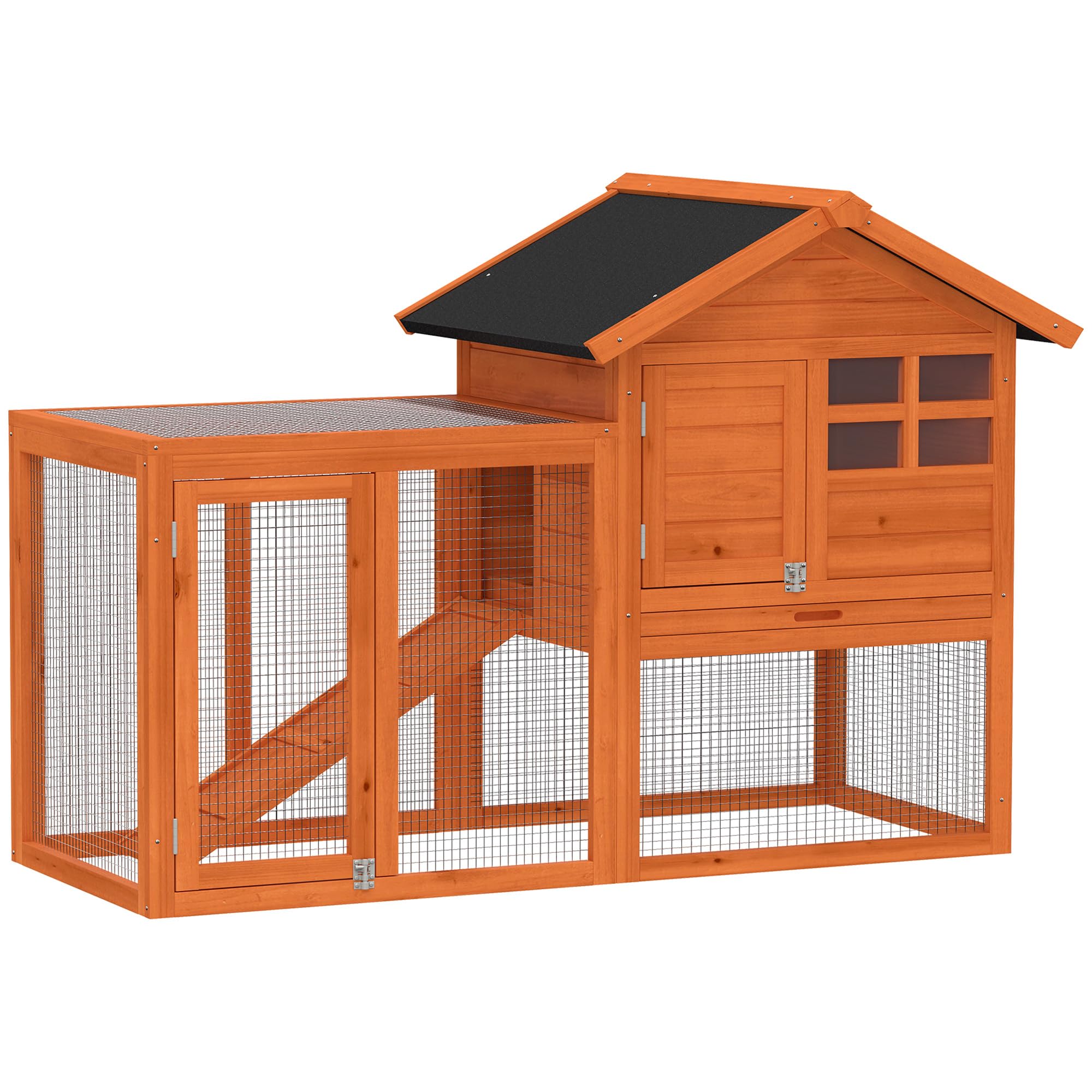 PawHut Conejera de madera de 2 niveles, 123,5 x 62,6 x 92,5 cm, con tejado de betún impermeable, rampa, puerta, jaula para conejos, pollos, patos, exteriores, color naranja