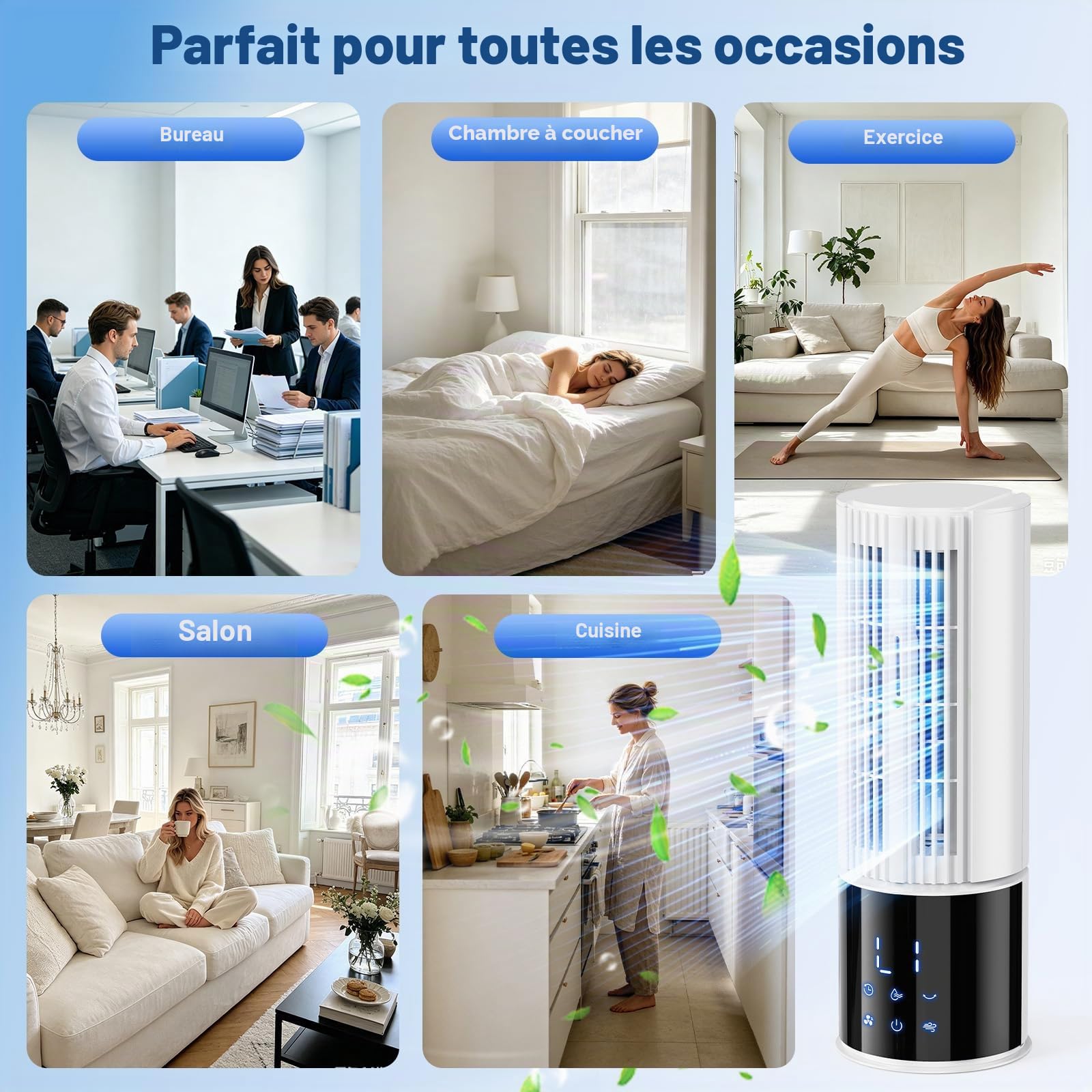 Climatiseur mobile 6en1, refroidisseur d'air avec 3 vitesses, mode turbo, soufflerie douce, fonction brume et minuterie (1-8 h), oscillation 45°/90°, parfait pour la maison et le bureau (Blanc clair)